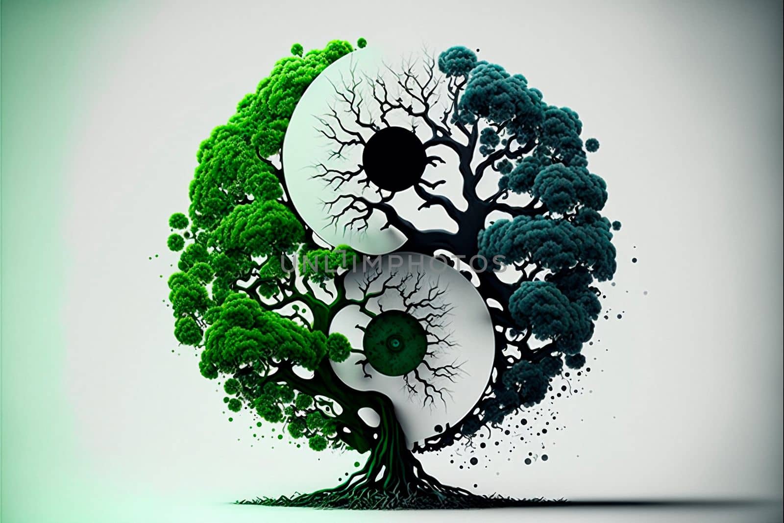 Black and green Yin and Yang logo made with wood elements. Green world concept. High quality illustration