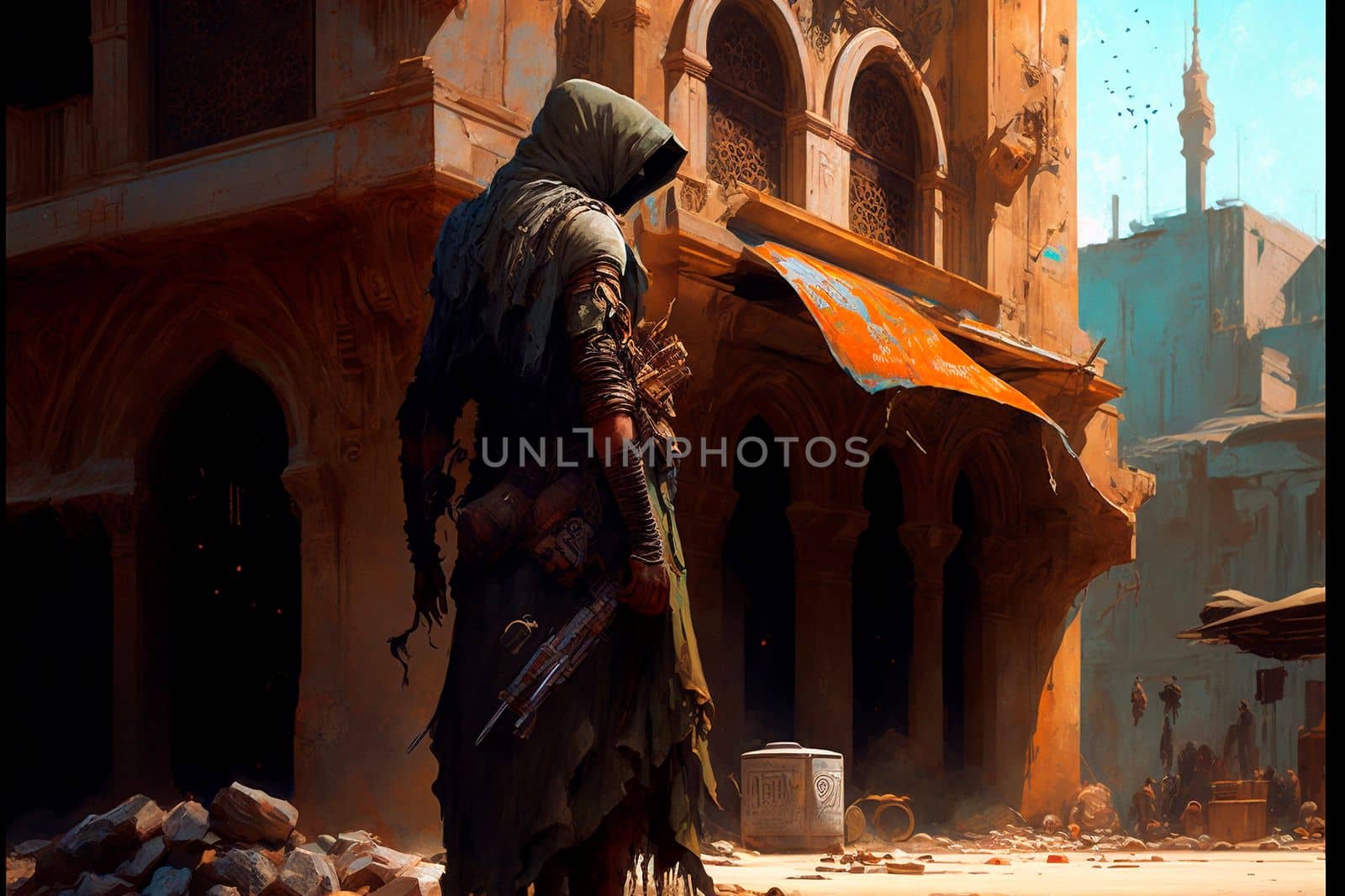 A traveler in an old abandoned city. Ruins and ruins. Steampunk style. High quality illustration