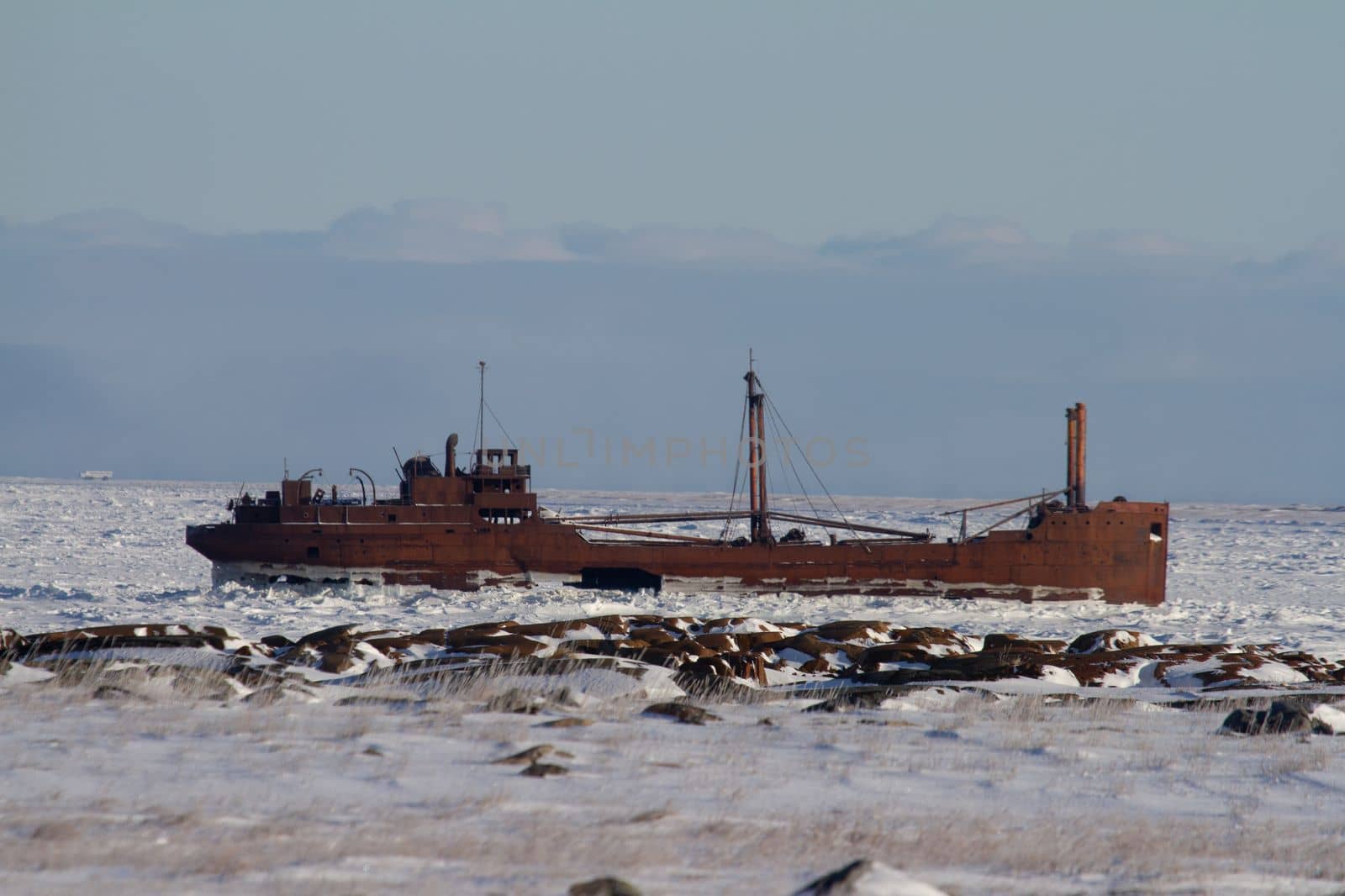 Shipwreck of MV Ithaca that sits outside Bird Cove, east of Churchill by Granchinho