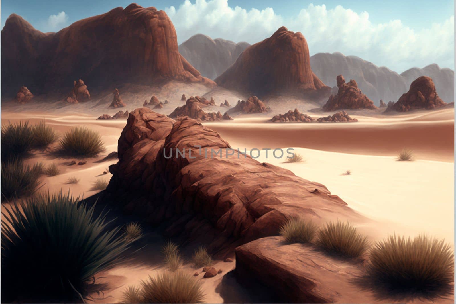 desert with mountains, cacti, bushes. High quality illustration