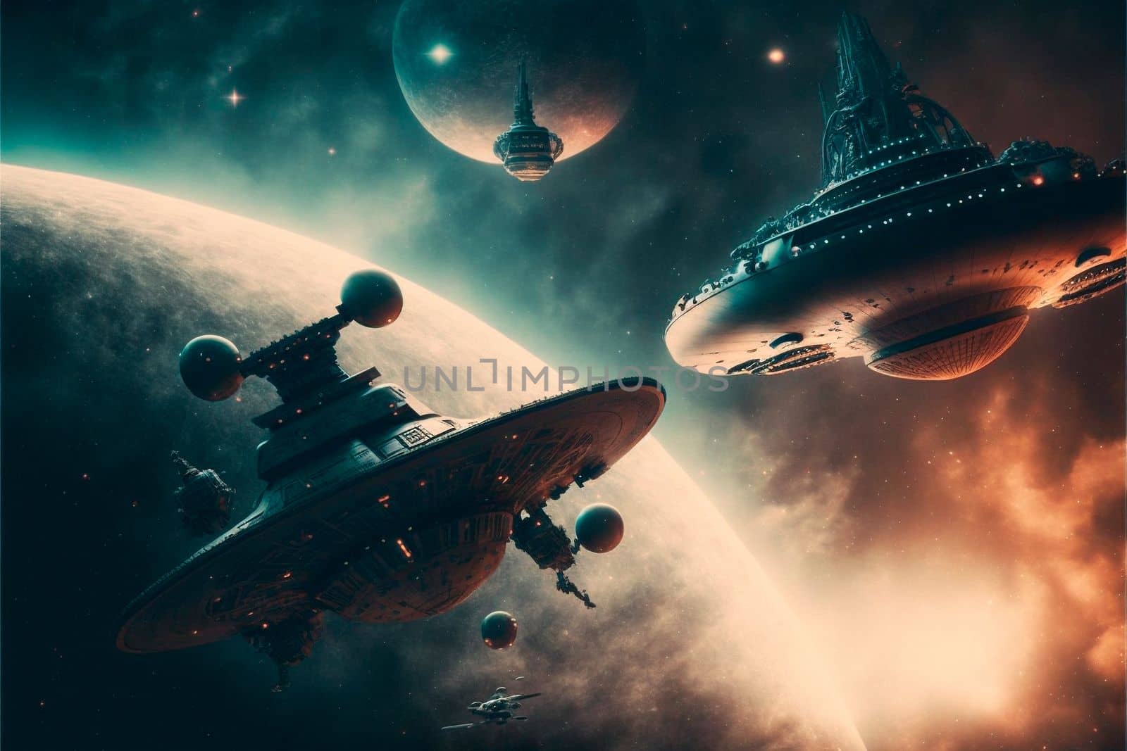 intergalactic spaceships on the background of planets and space. High quality illustration