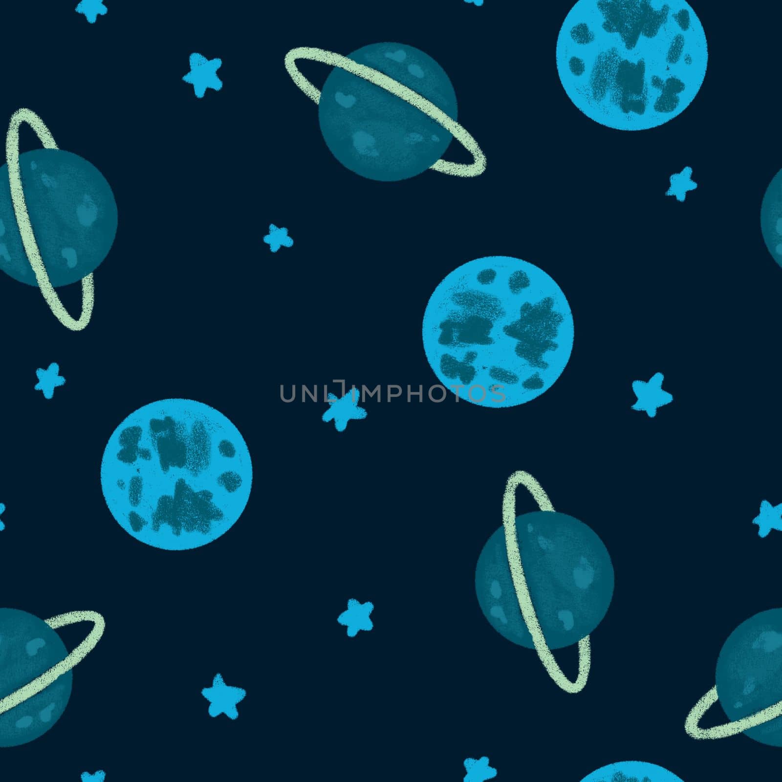 Hand drawn seamless pattern of outer space galaxy astronaut in purple blue colors. Stars planet asteroid comet saturn moon fabric print for boys nursery decoration spaceship alien ship art. by Lagmar