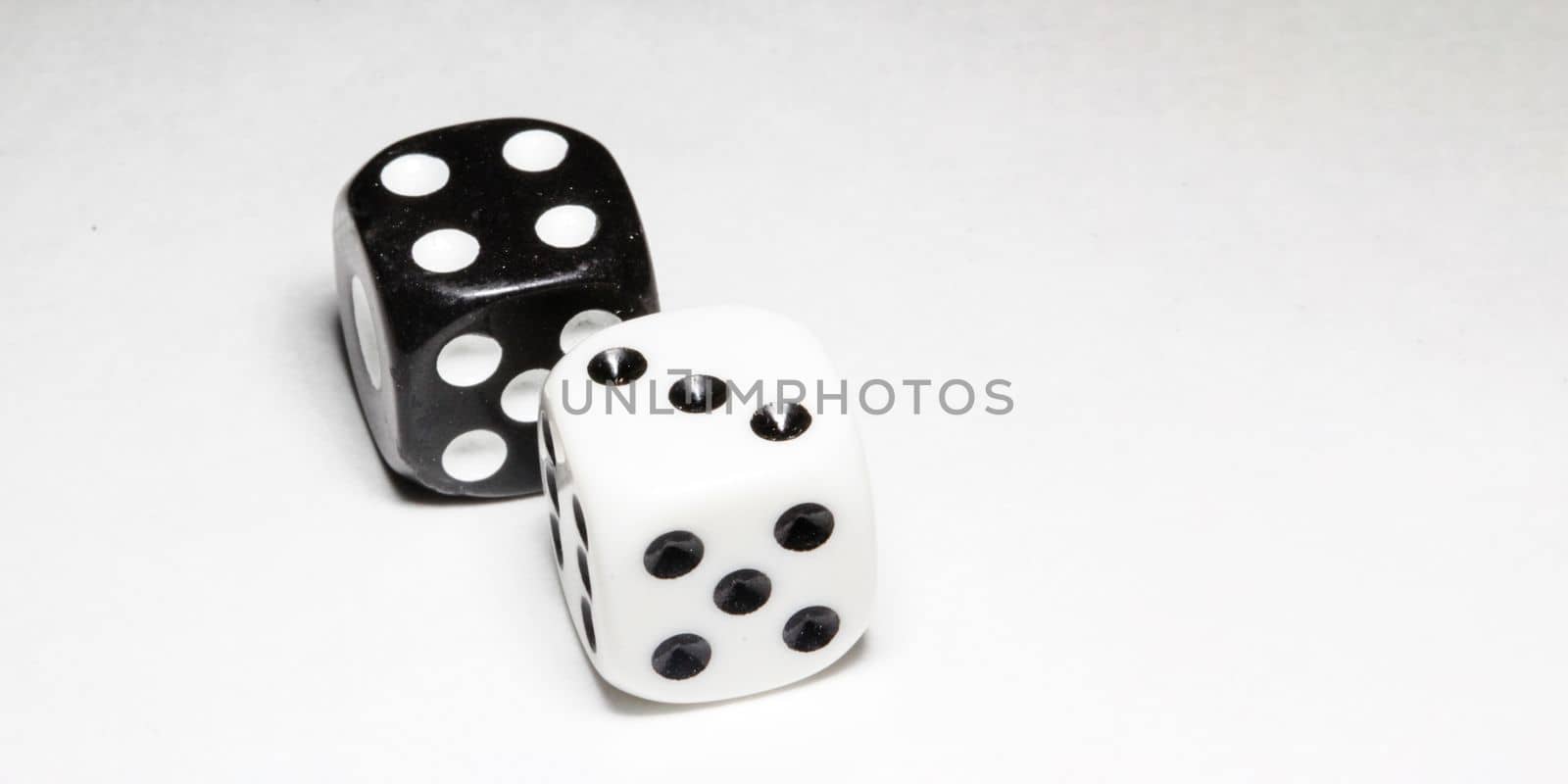 two white and black dices on a white background Win or lose Catch your luck Gambling equipment by IrinaKur