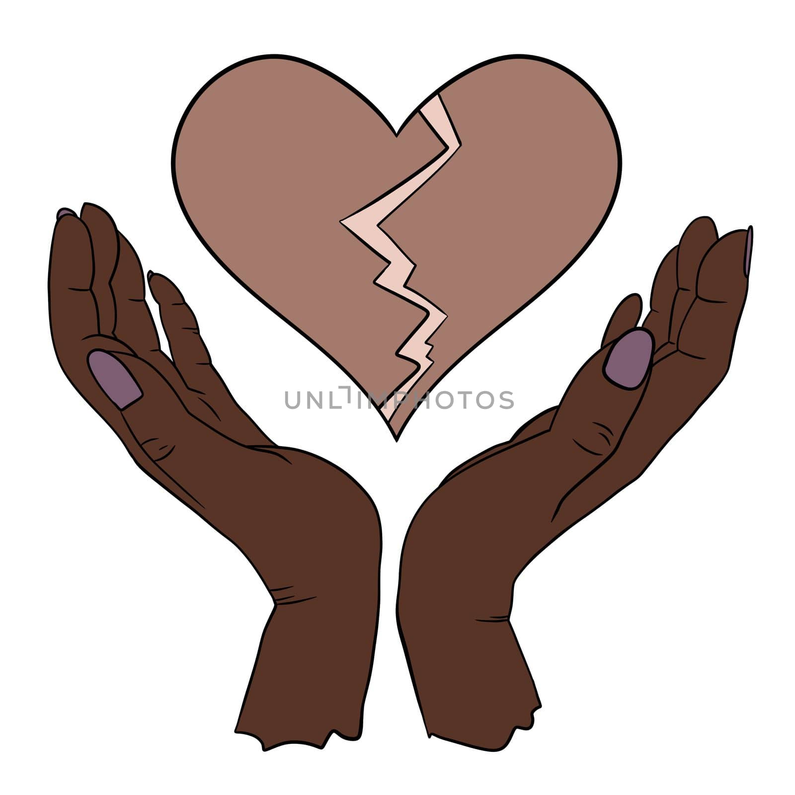 Hand drawn illustration of two human person hands holding in elegant gesture, broken heart emotions. Simple minimalist symbol concept in black line outline, skin color diversity. by Lagmar