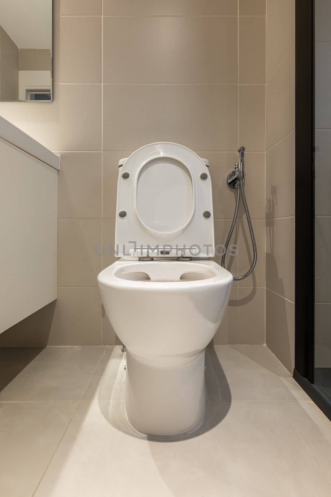 Raised toilet seat and bidet shower with wall mount in interior of modern bathroom.