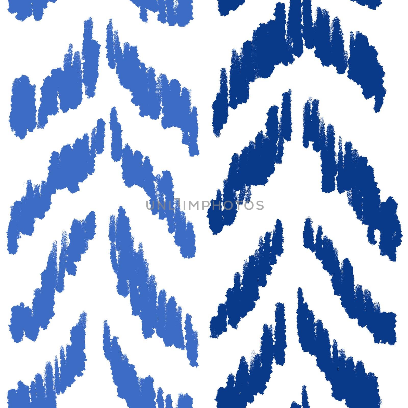 Hand drawn seamless pattern with ikat ethnic traditional indonesian fabric print. Blue indigo abstract geometric design mid century modern splash stroke vibrant nautical print