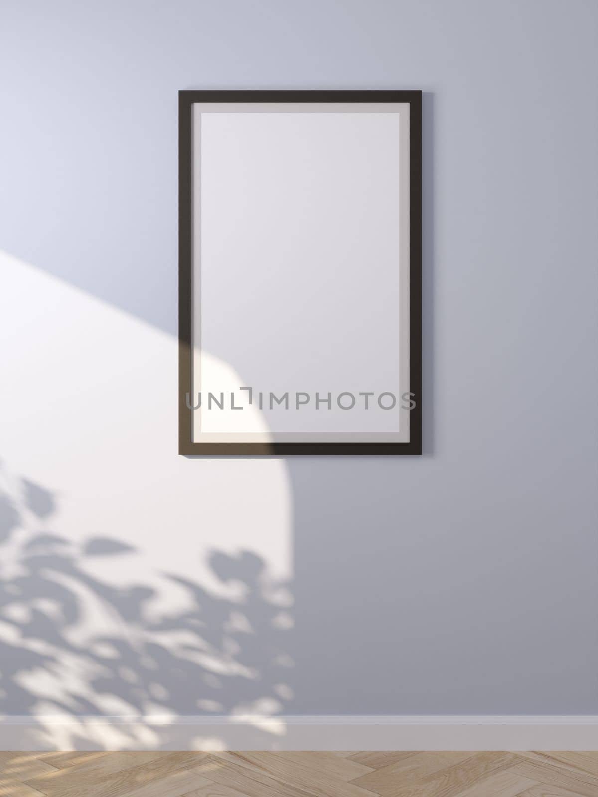 3d rendering of an empty frame on the wall. Black frame on the wall with rays from the sun.
