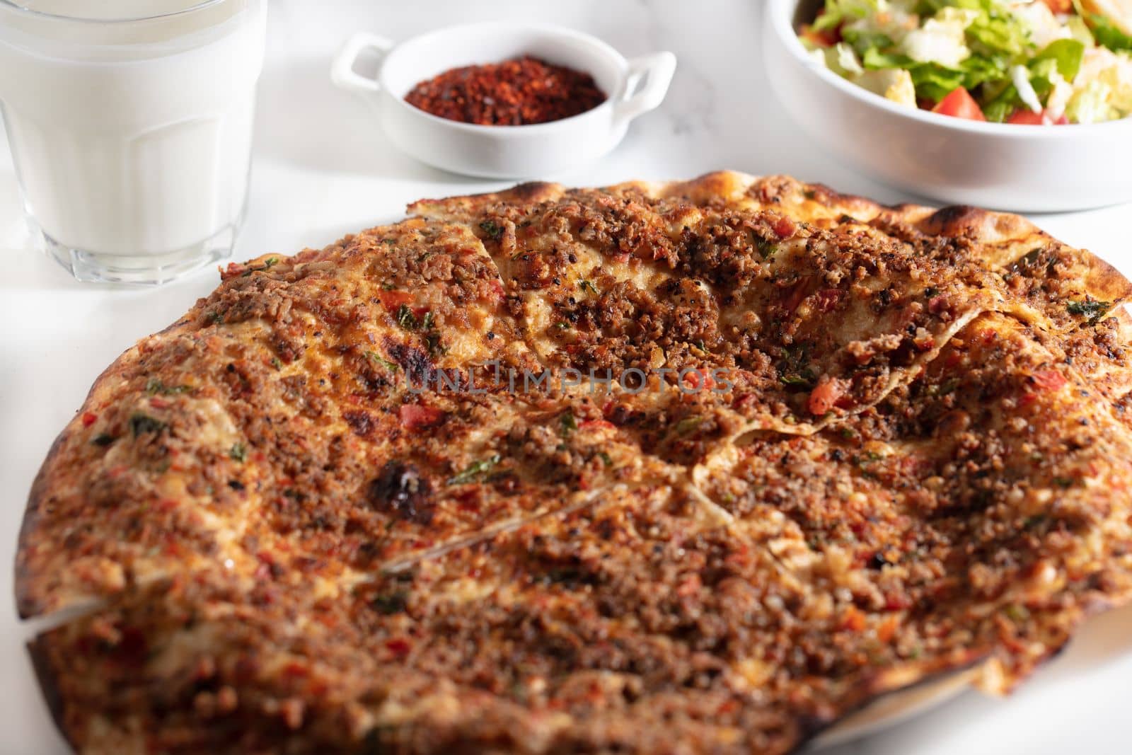 Traditional delicious Turkish foods; Turkish Lahmacun. by senkaya