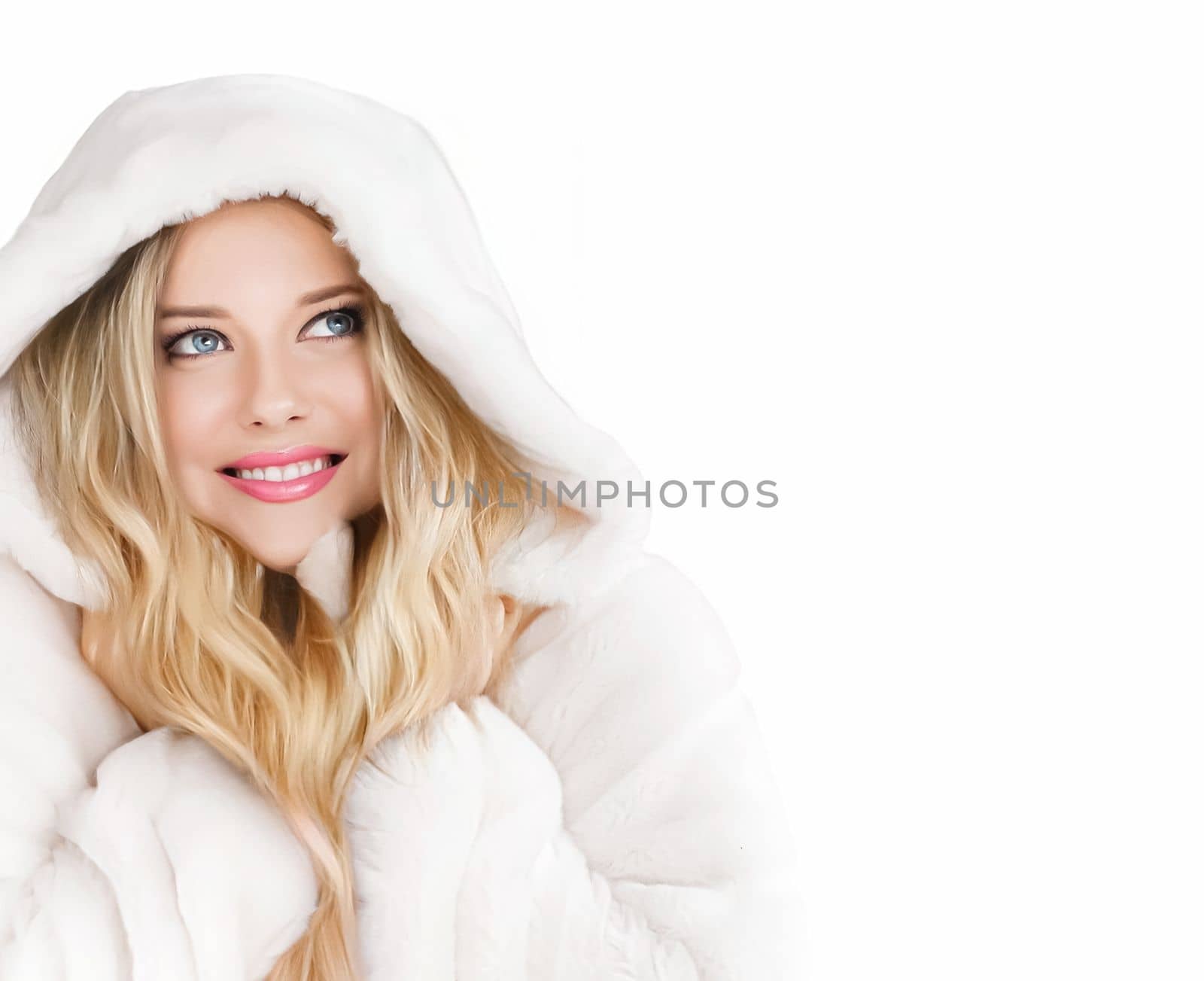 Beautiful woman in white fur coat, beauty and winter fashion by Anneleven