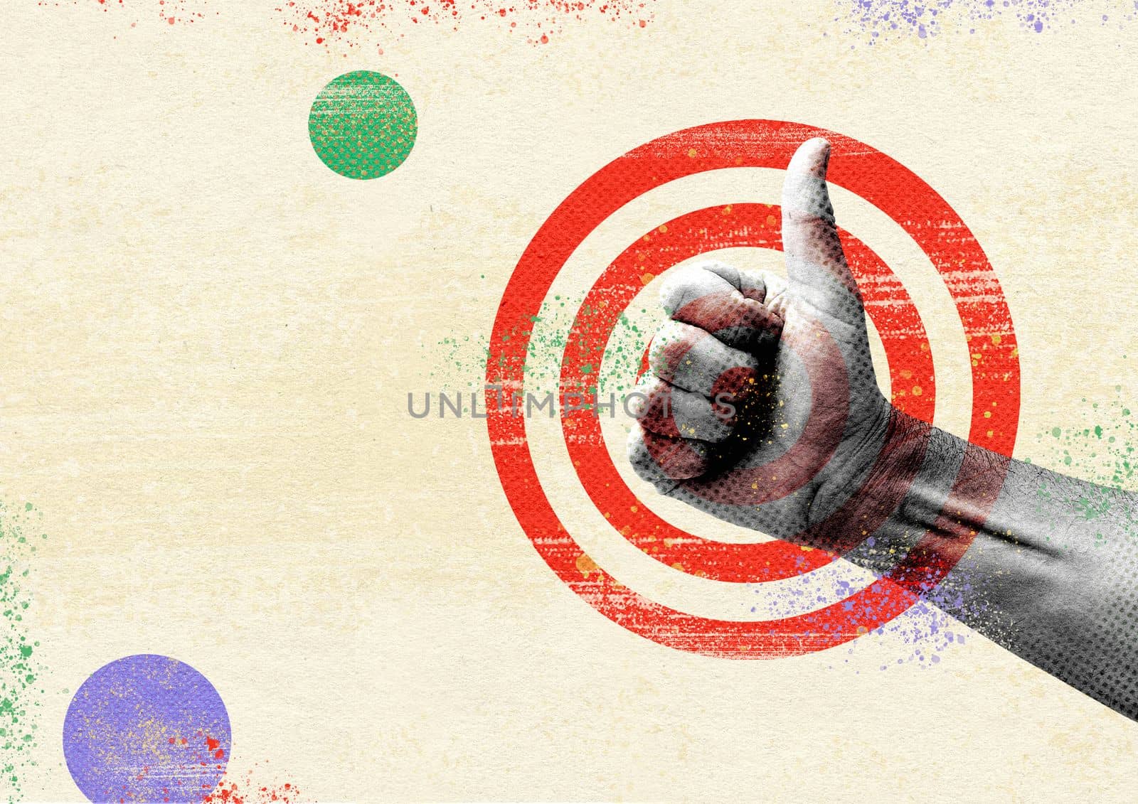 Hand and thumbs up like against the background of the target. Collage is a concept of positive winning development and success. High quality photo