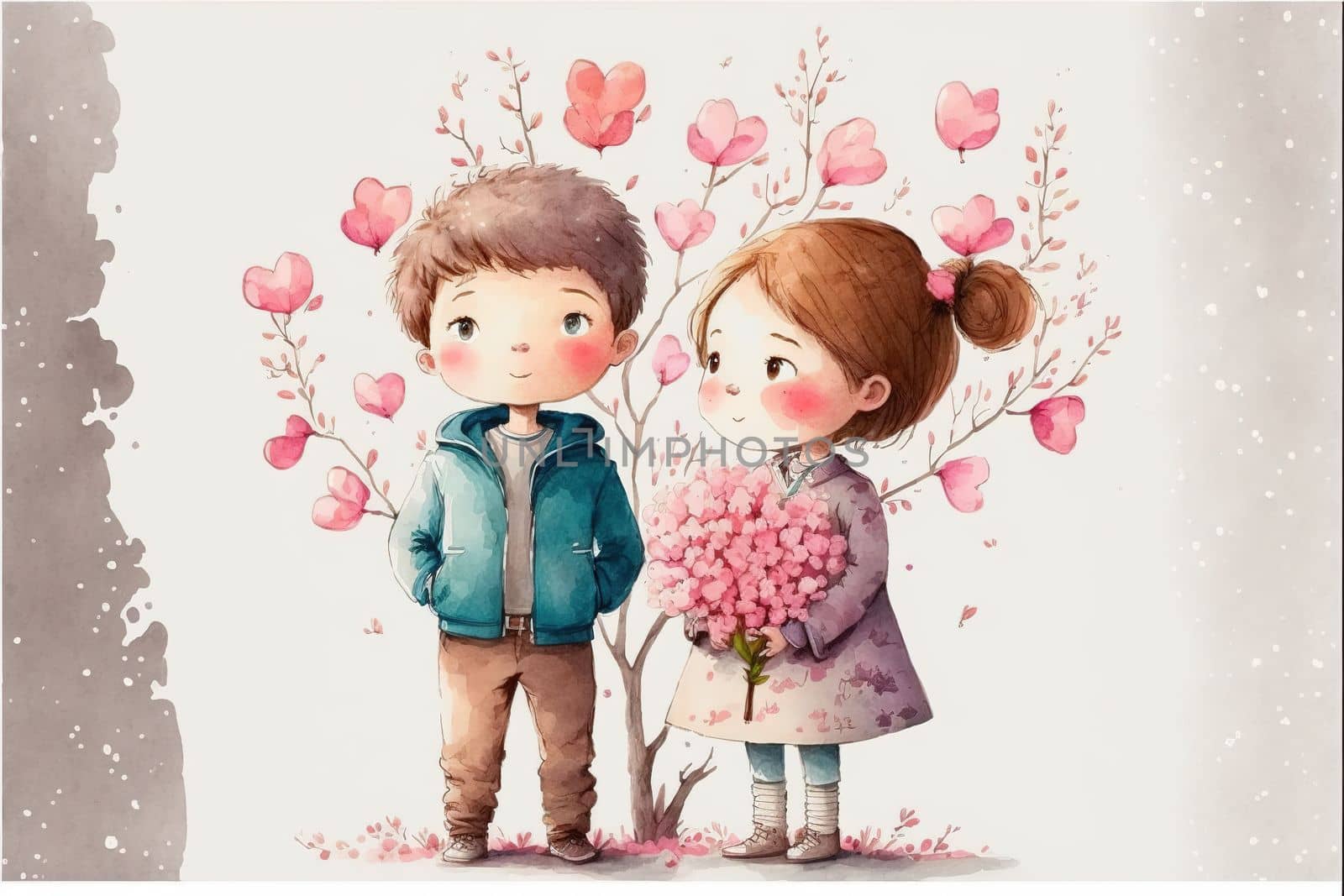 Cute boy and girl in love on romantic Valentine's day hand drawn cartoon style. Generative AI.