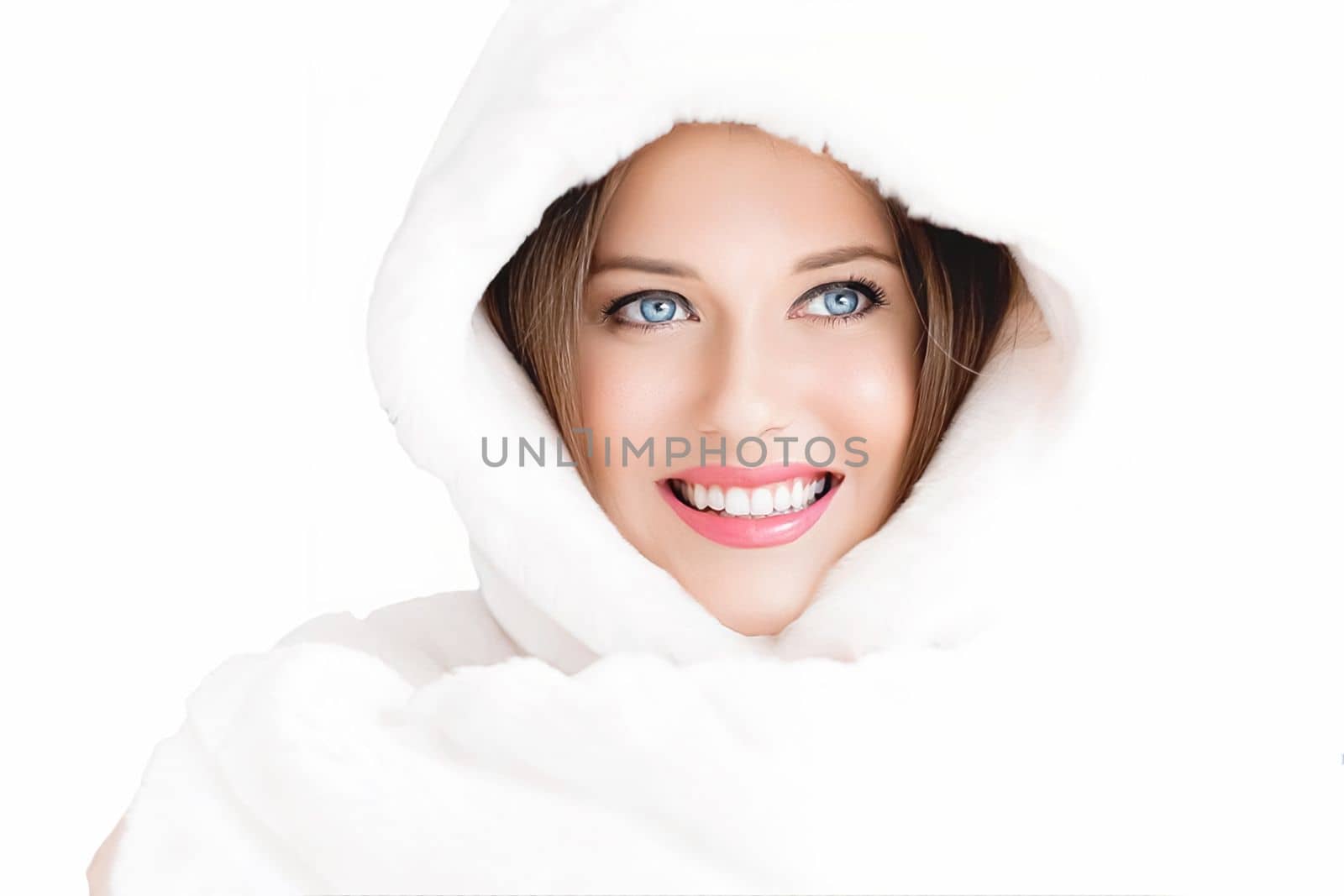 Winter fashion and beauty, beautiful woman in white fur coat.