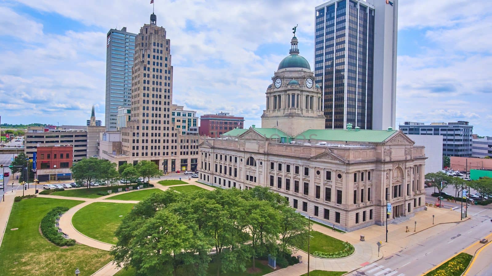 Fort Wayne Allen County downtown courthouse aerial in city by njproductions