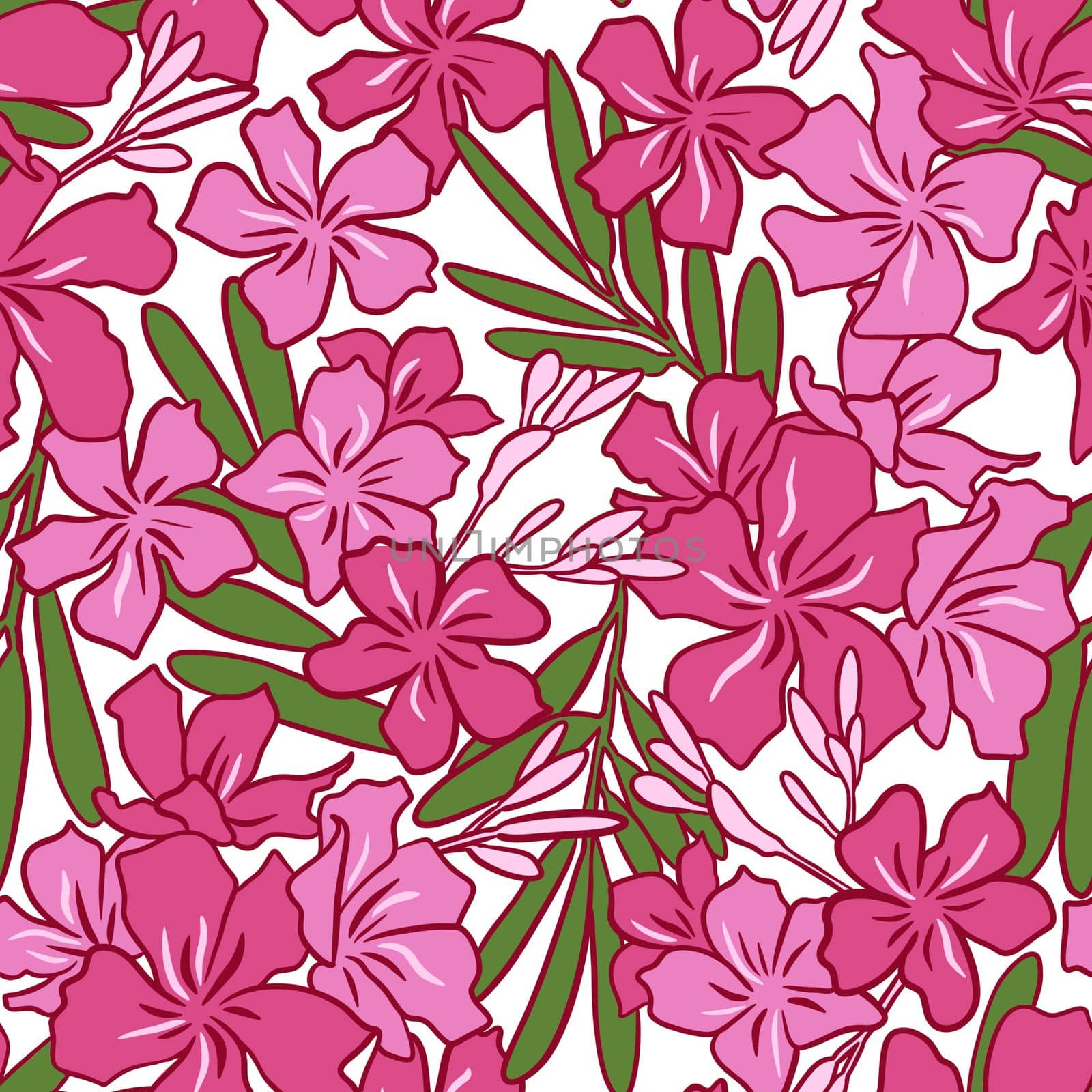 Hand drawn seamless patter of nerium oleander pink flowers green leaves on white background. Tropical floral summer spring fabric print, toxic poisonous plant nature bloom blossom background