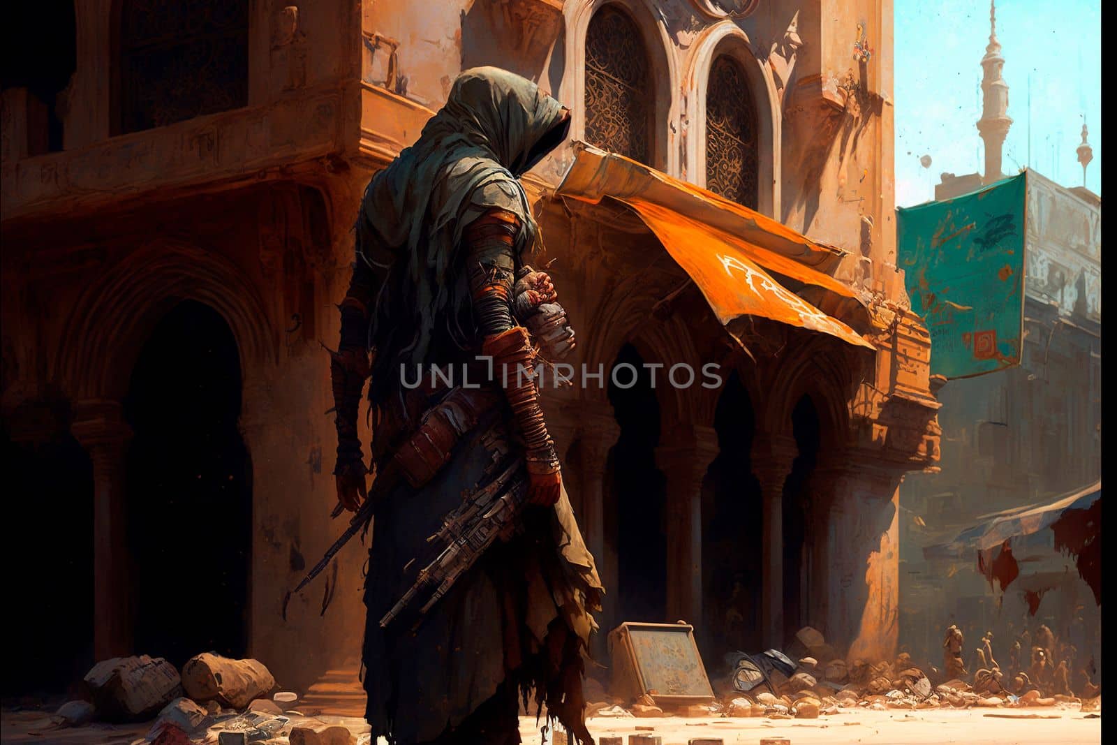 A traveler in an old abandoned city. Ruins and ruins. Steampunk style. High quality illustration