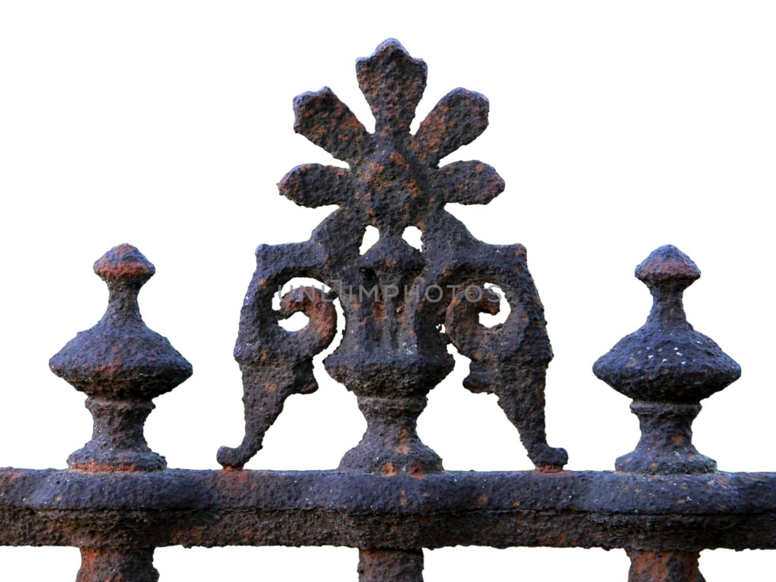 Old brown rusty weathered fence ornament close up. isolated white background