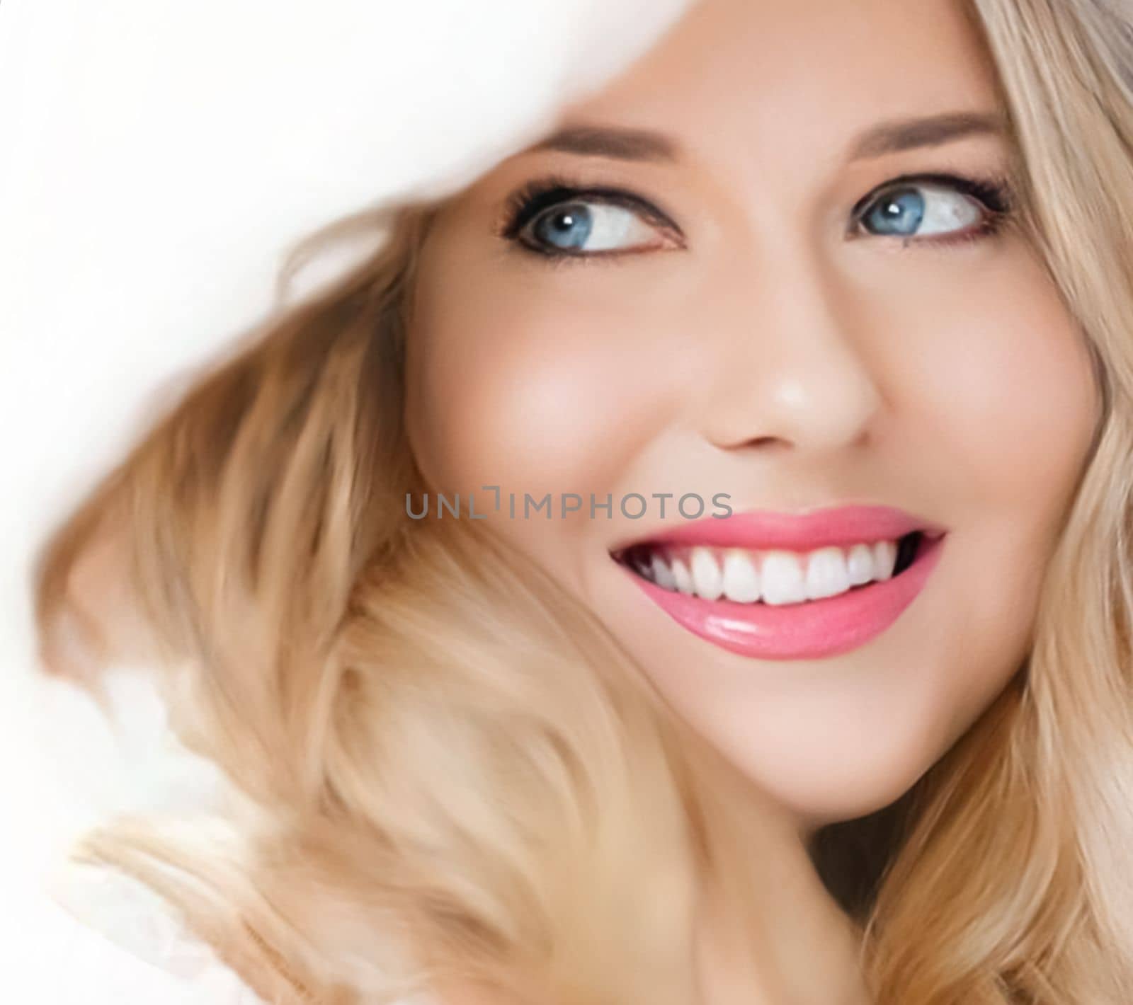 Beautiful woman in white fur coat, beauty and winter fashion by Anneleven