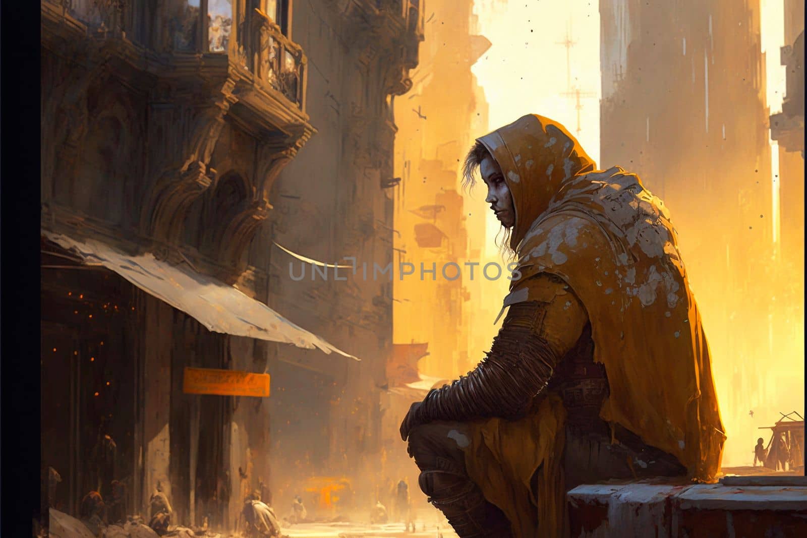 A traveler in an old abandoned city. Ruins and ruins. Steampunk style. High quality illustration