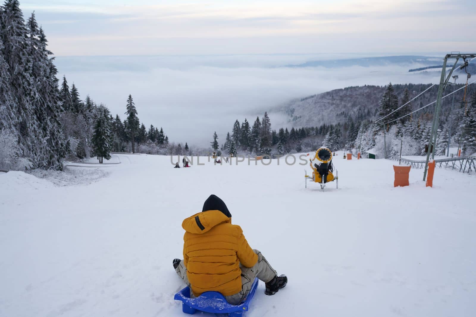 a man rides a sled against the backdrop of a magnificent winter landscape on the Wasserkuppe mountain in Ren, Hesse, Germany. magical tall and large pines and snowy firs covered with snow and ice. The horizon creates an illusion and merges with the cloudy sky and fog, which covers all the space visible in the distance. by Costin