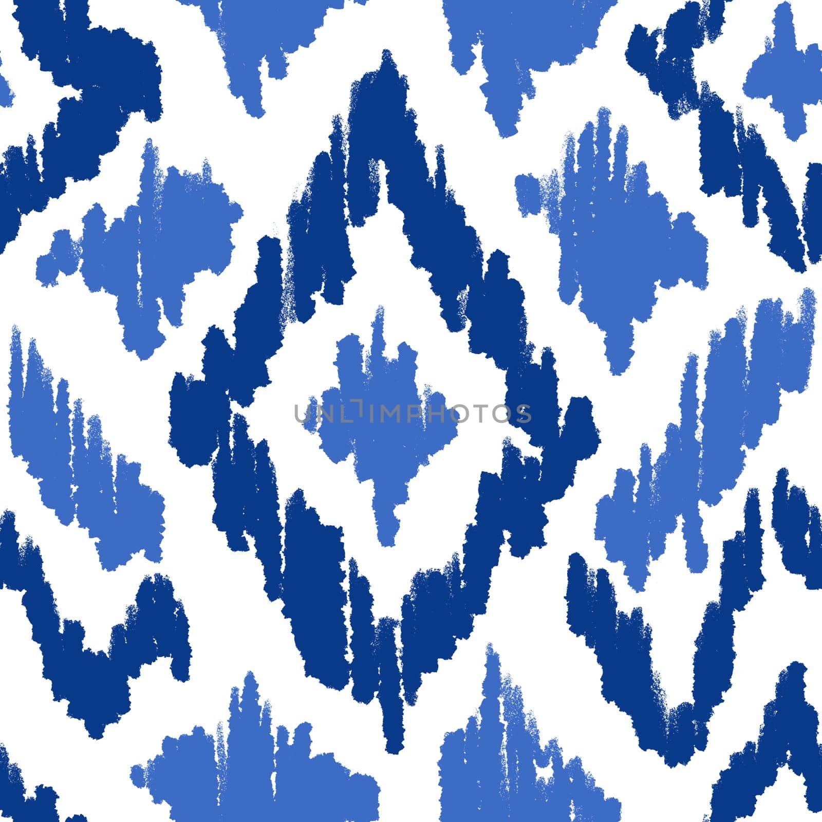 Hand drawn seamless pattern with ikat ethnic traditional indonesian fabric print. Blue indigo abstract geometric design mid century modern splash stroke vibrant nautical print