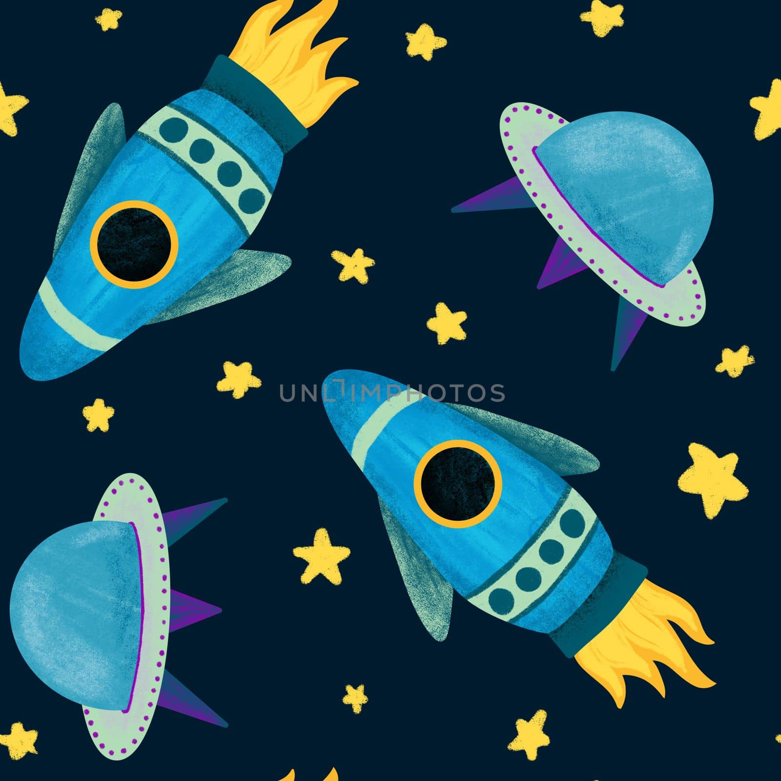 Hand drawn seamless pattern of outer space galaxy astronaut in purple blue colors. Stars planet asteroid comet saturn moon fabric print for boys nursery decoration spaceship alien ship art. by Lagmar