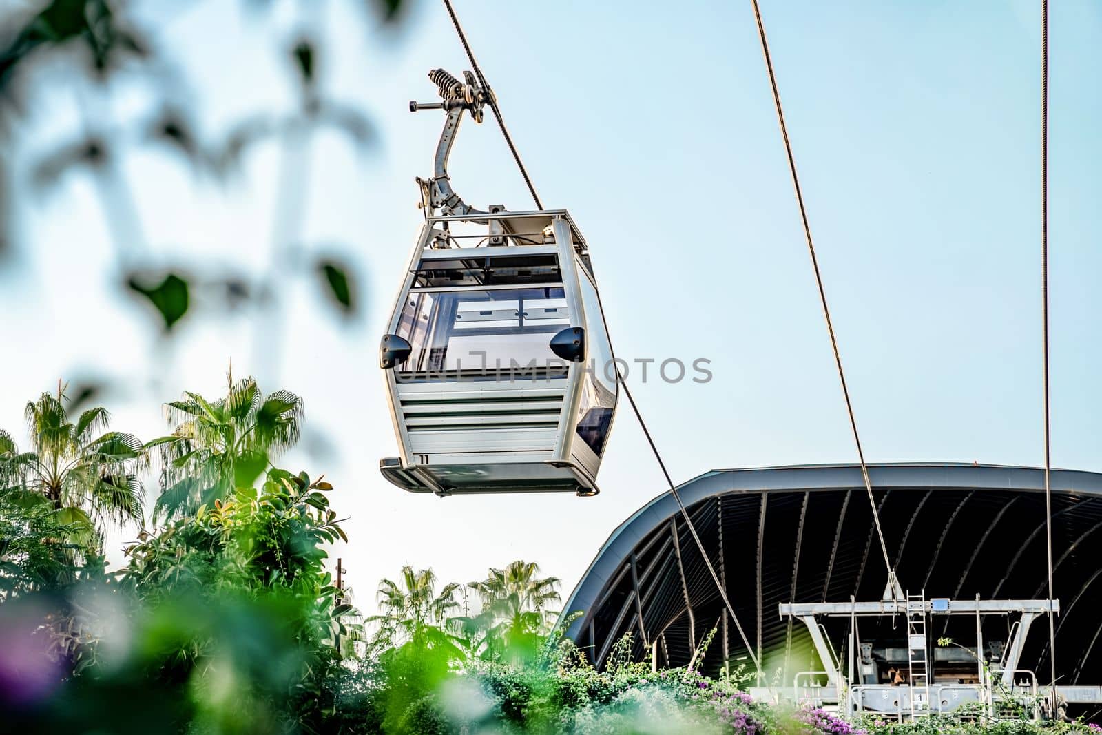 Cable car cab approaching landing station on Cleopatra beach, close-up