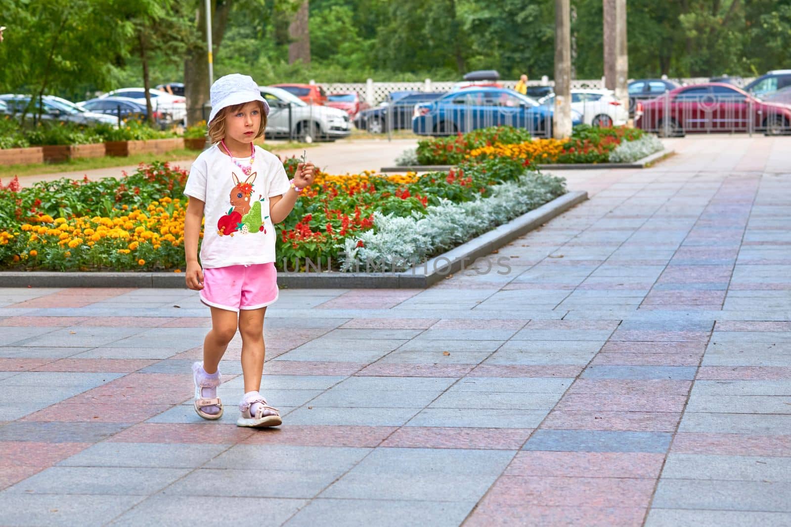 Wonderful serious child walks and city square with flower beds in summer day by jovani68