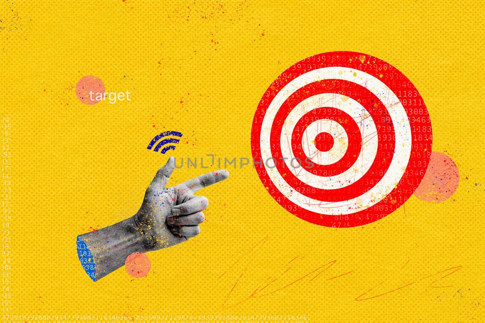 A creative collage with a hand and a target about the concept of achieving the goal. Focus on the goals and strategy of the business to get to the center. Finger pointer target in modern style.