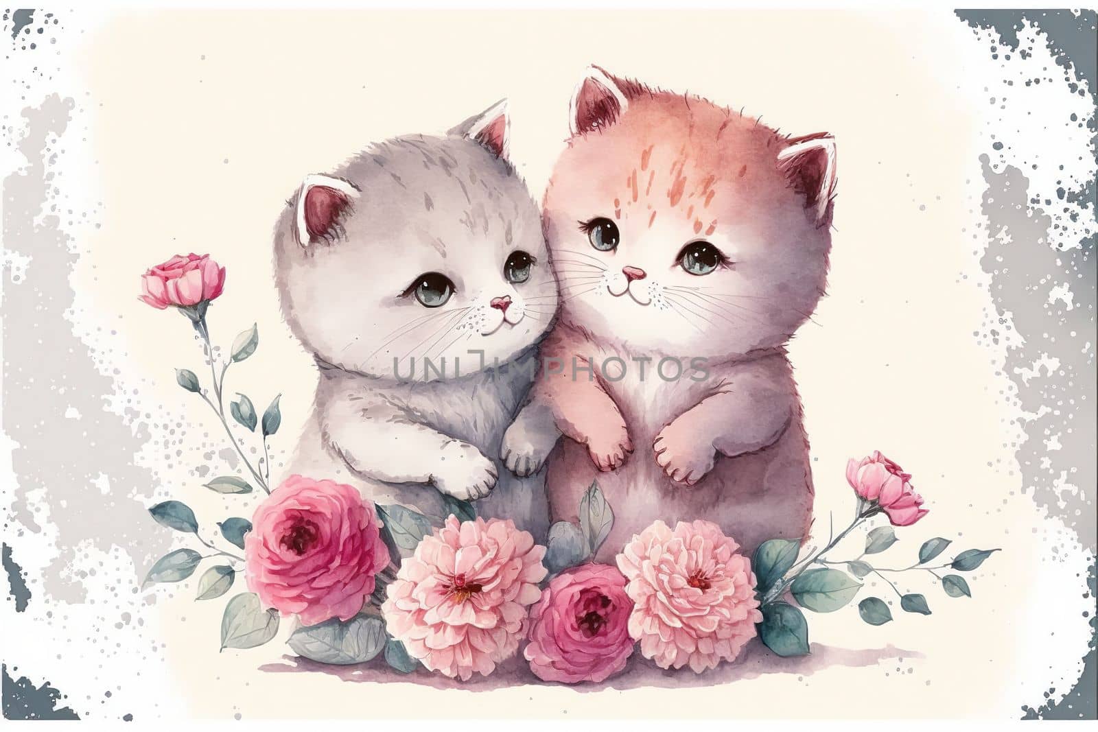 Cute little kitten in love on romantic Valentine's day hand drawn cartoon style by biancoblue