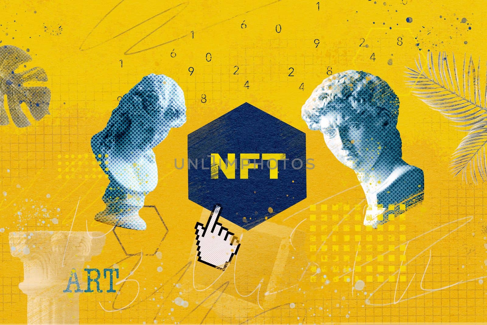 NFT token and blockchain concept with antique statues in a creative modern collage. High quality photo