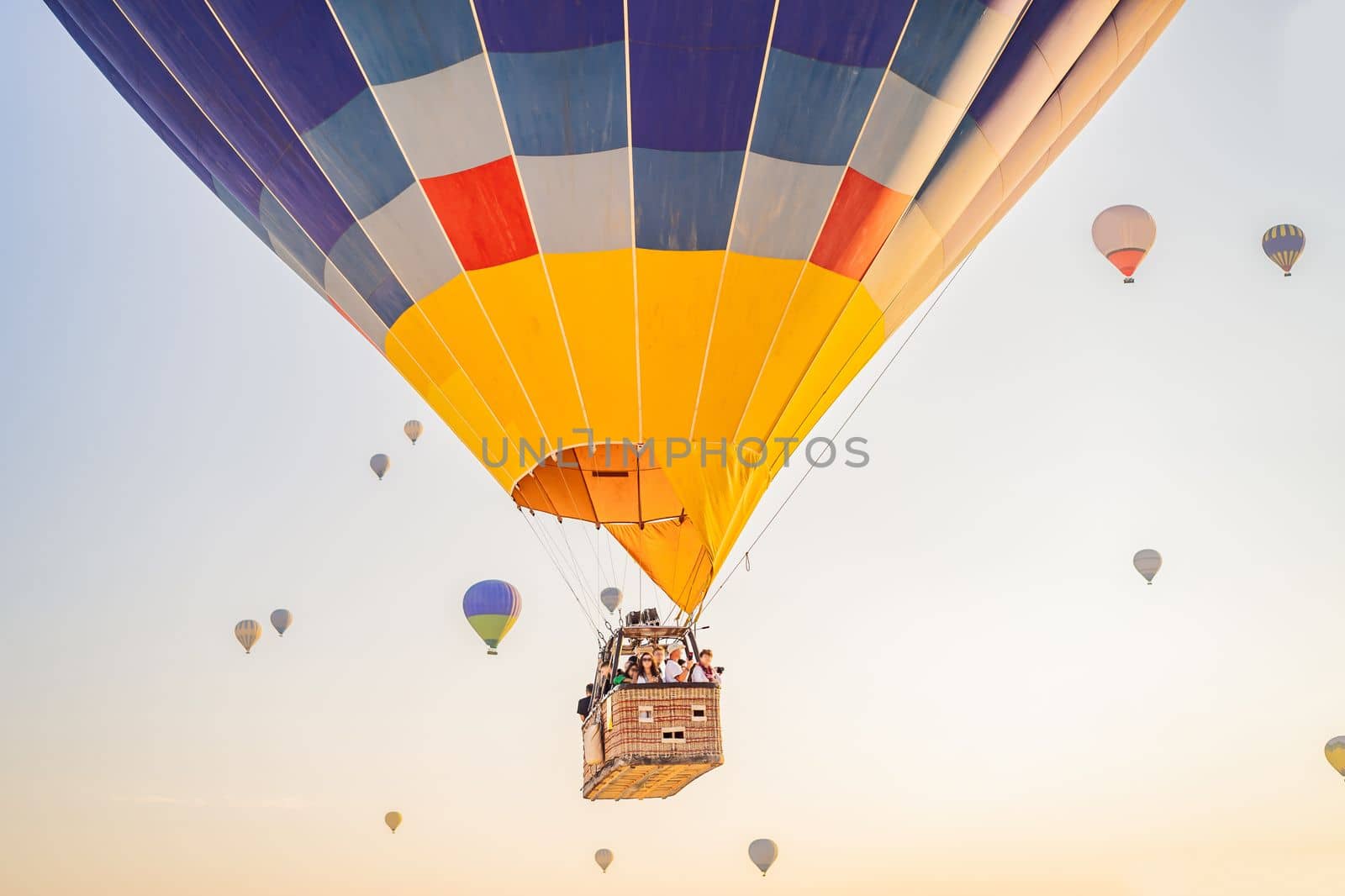 Beautiful hot air balloons over blue sky.