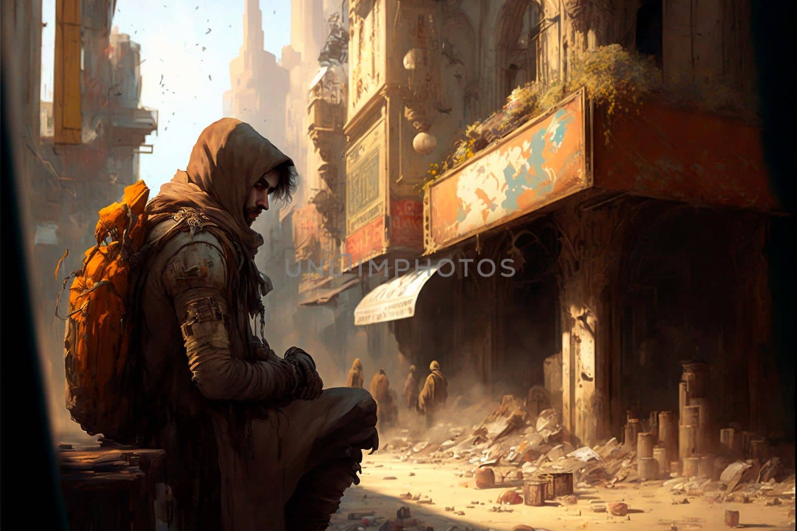 A traveler in an old abandoned city. Ruins and ruins. Steampunk style. High quality illustration