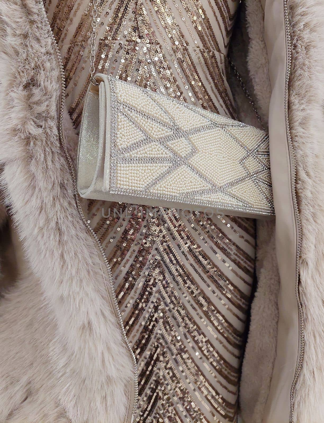 Glittering casual dress with fur top casual handbag. by gallofoto