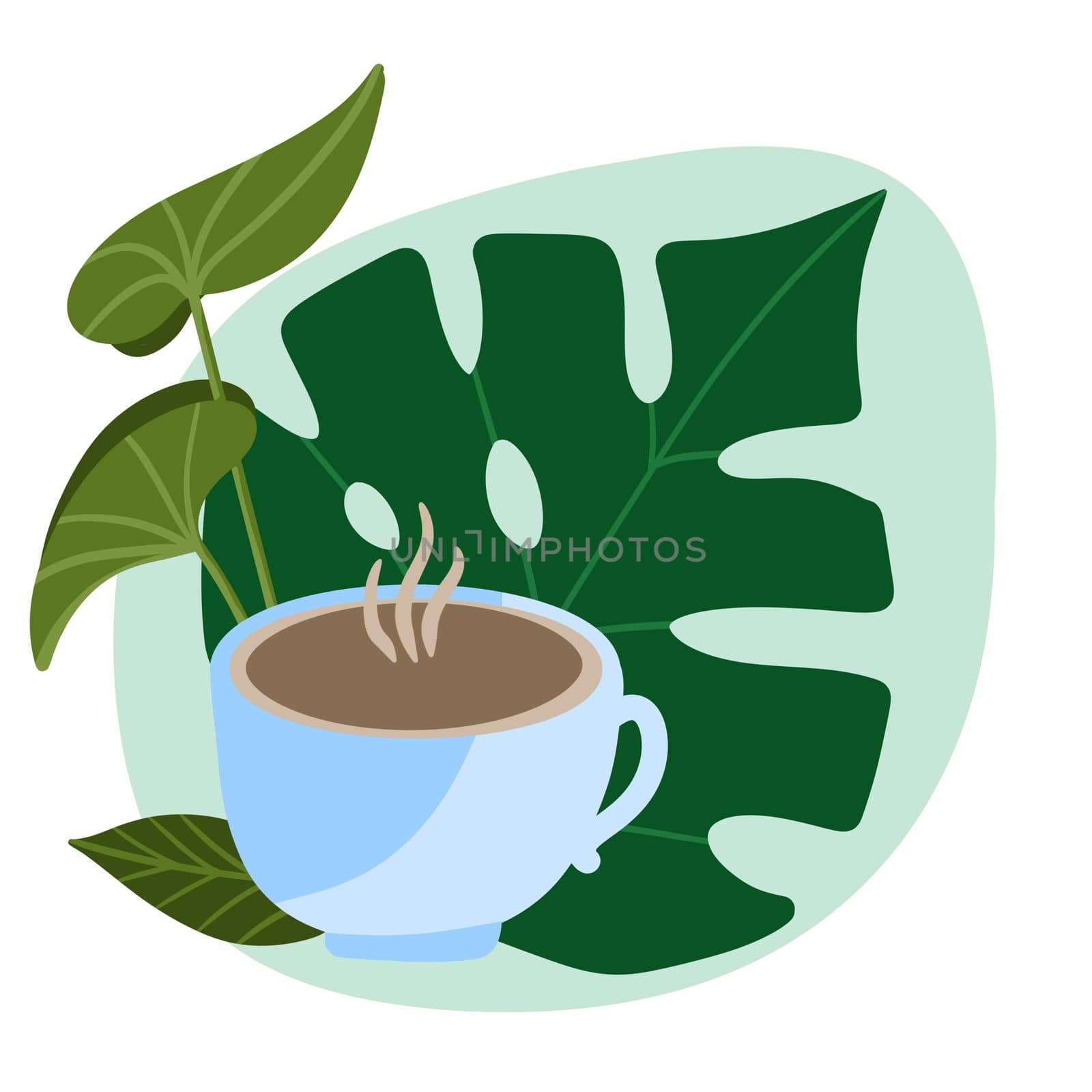 Hand drawn illustration with cup of arabica coffee and green leaves houseplants. Blue cup breakfast cozy interior, monstera foliage home urban jungle, summer decor decoration sticker. by Lagmar