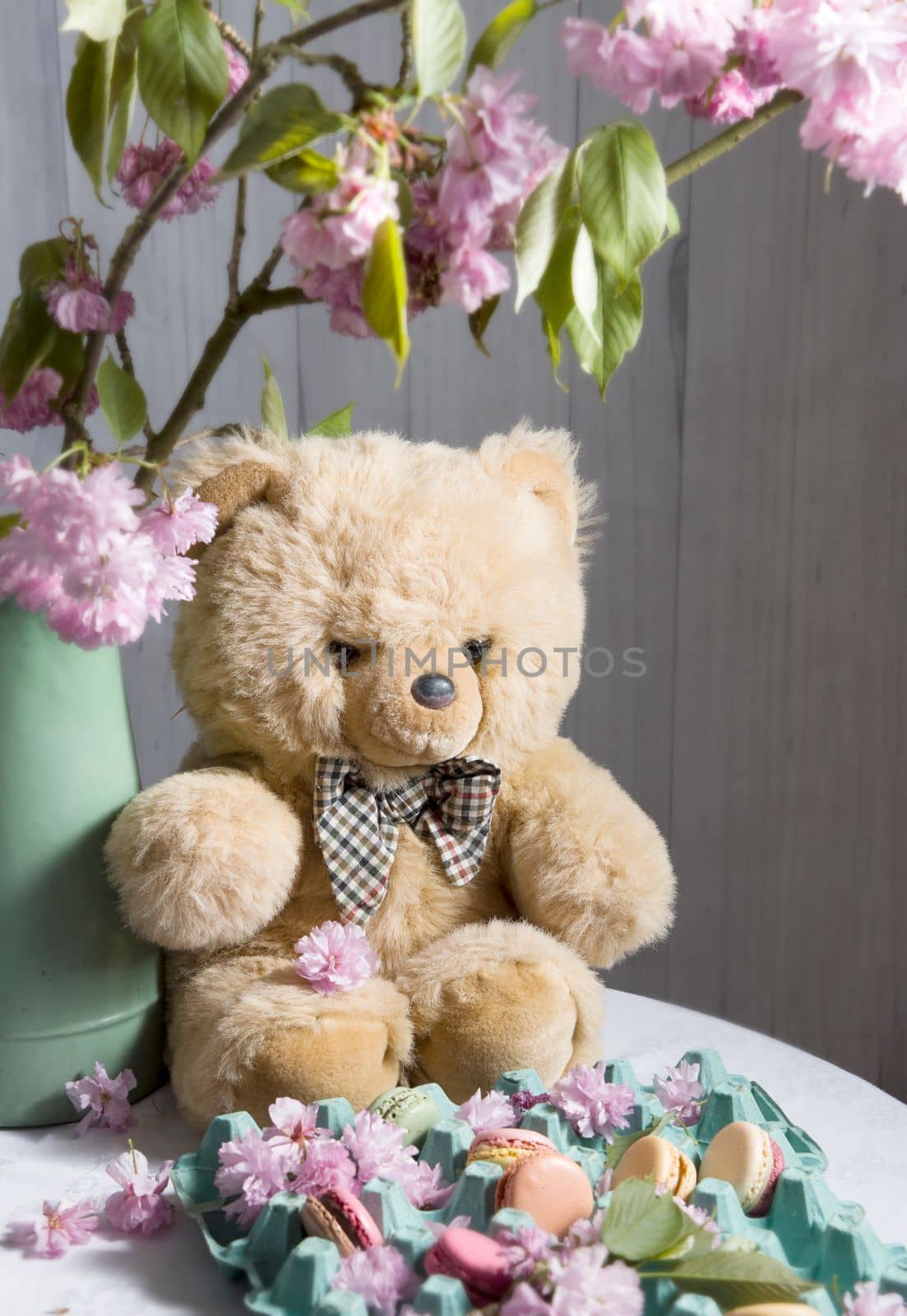 teddy bear sits on the table against the background of sakura and easter cookies, High quality photo