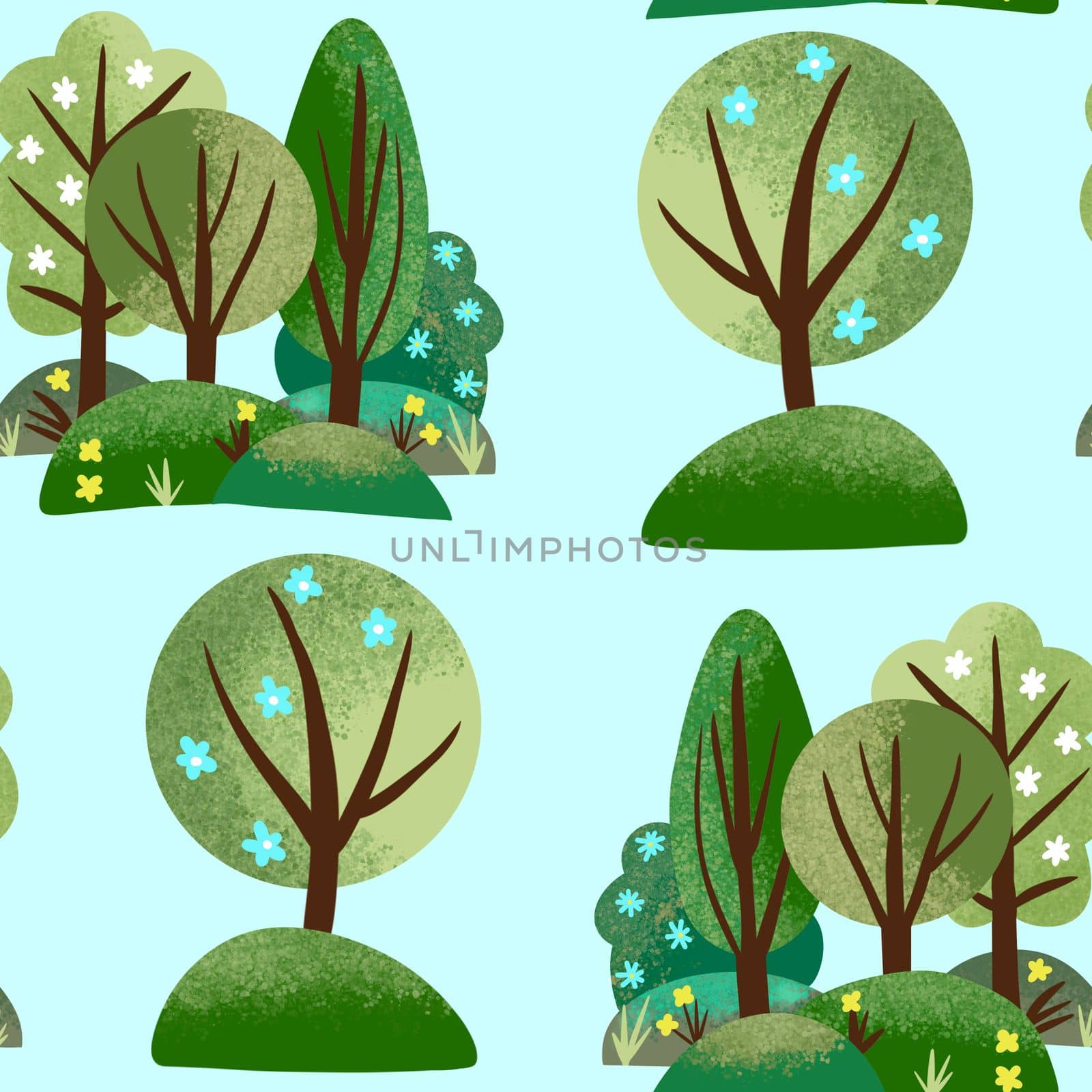 Hand drawn seamless pattern of summer spring forest wood trees with flowers. Green nature landscape grass branches floral background, camping outdoor background, ecology environment floiage. by Lagmar