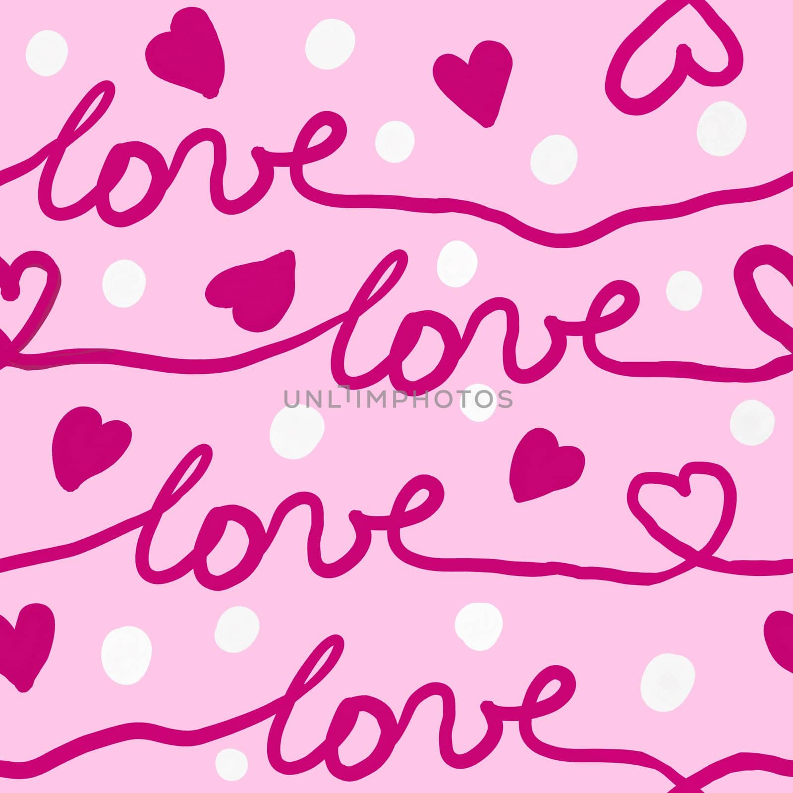 Hand drawn seamless pattern with red hearts on pink background. Love word lettering in stripes lines, white polka dot, cute st valentine day wrapping paper, gouache texture pastel valentines