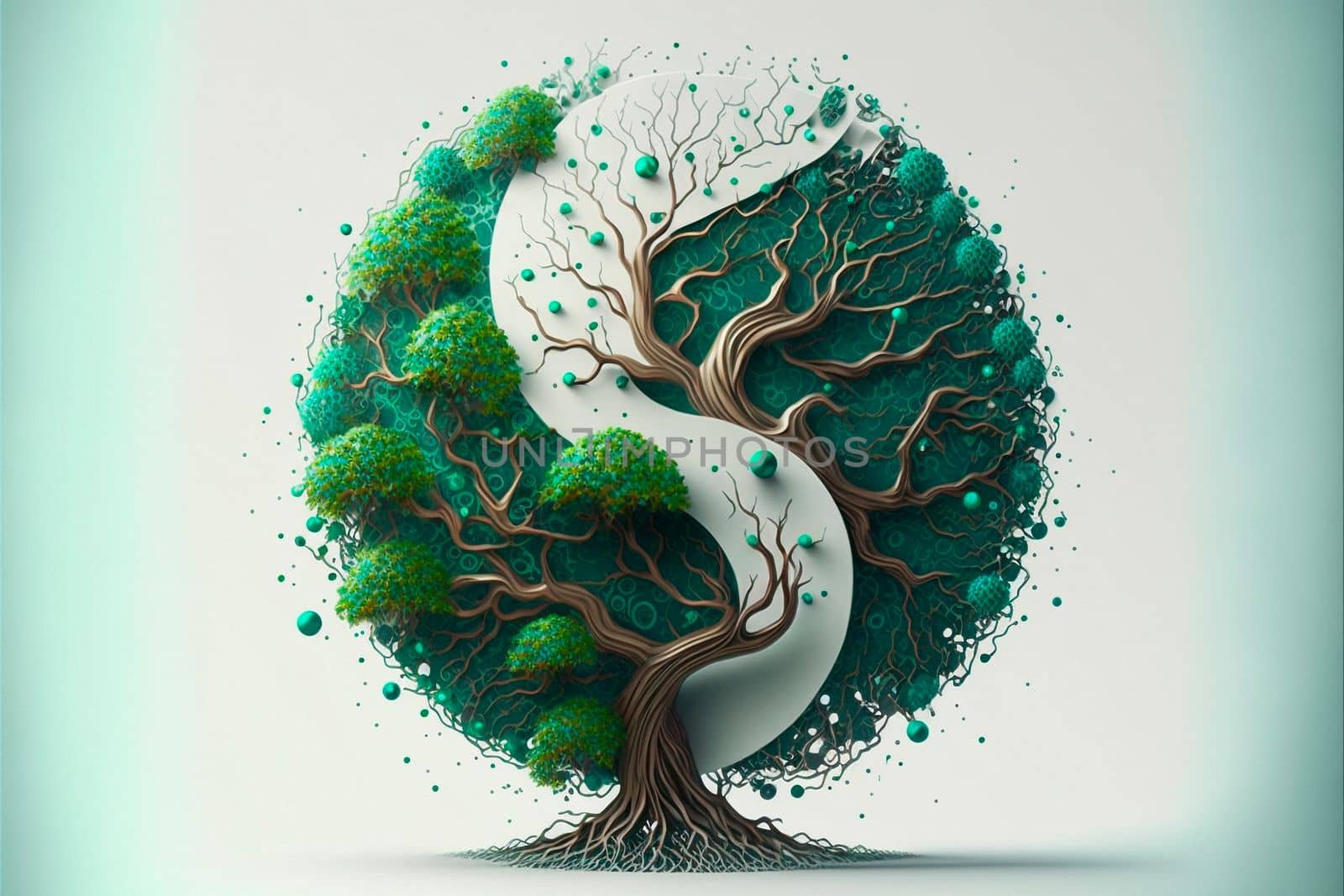 Black and green Yin and Yang logo made with wood elements. Green world concept. High quality illustration