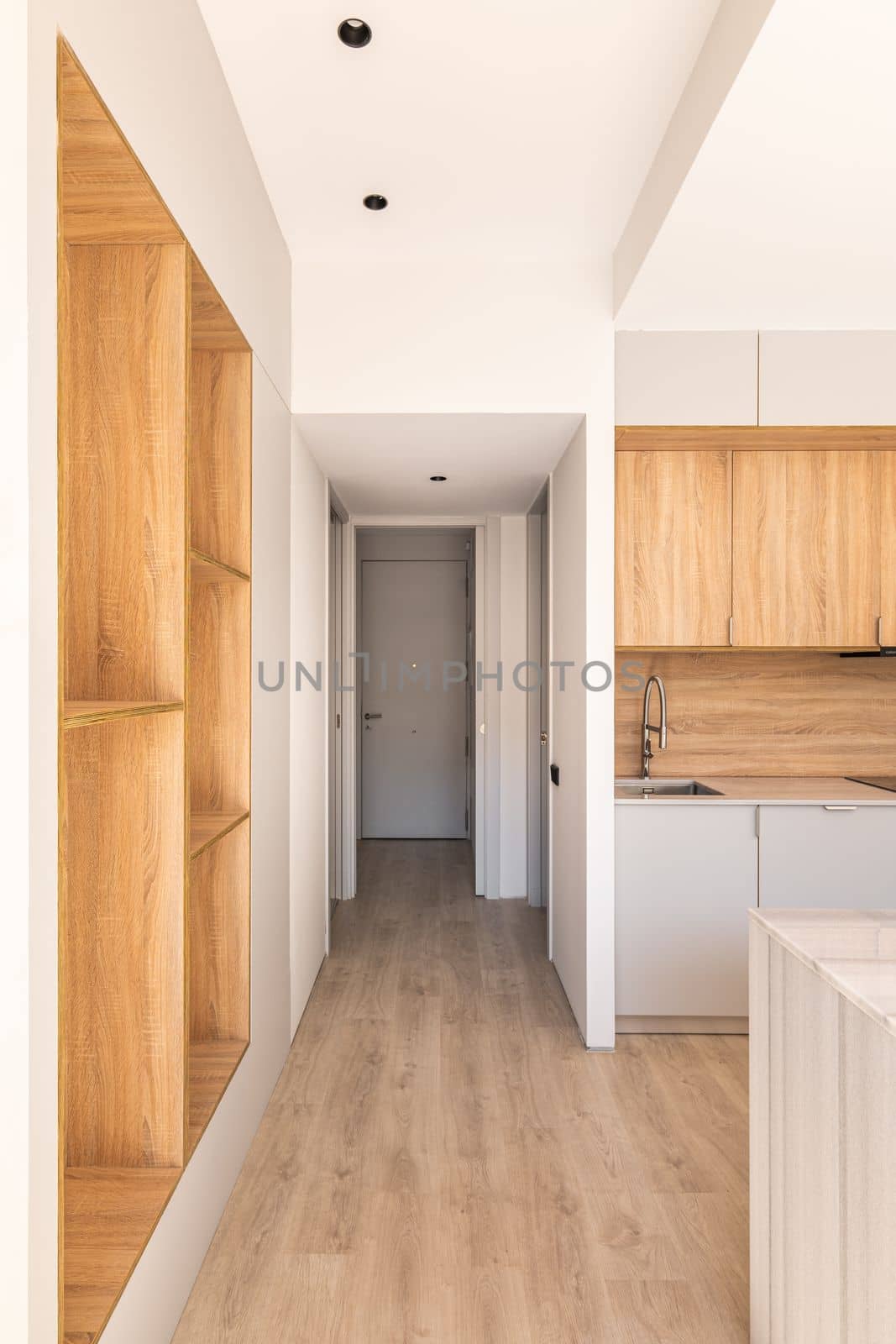 Long passage through kitchen with hardwood floors to another part of house with door on opposite side. Kitchen with light wood furniture. There is built-in wardrobe in wall for household utensils. by apavlin