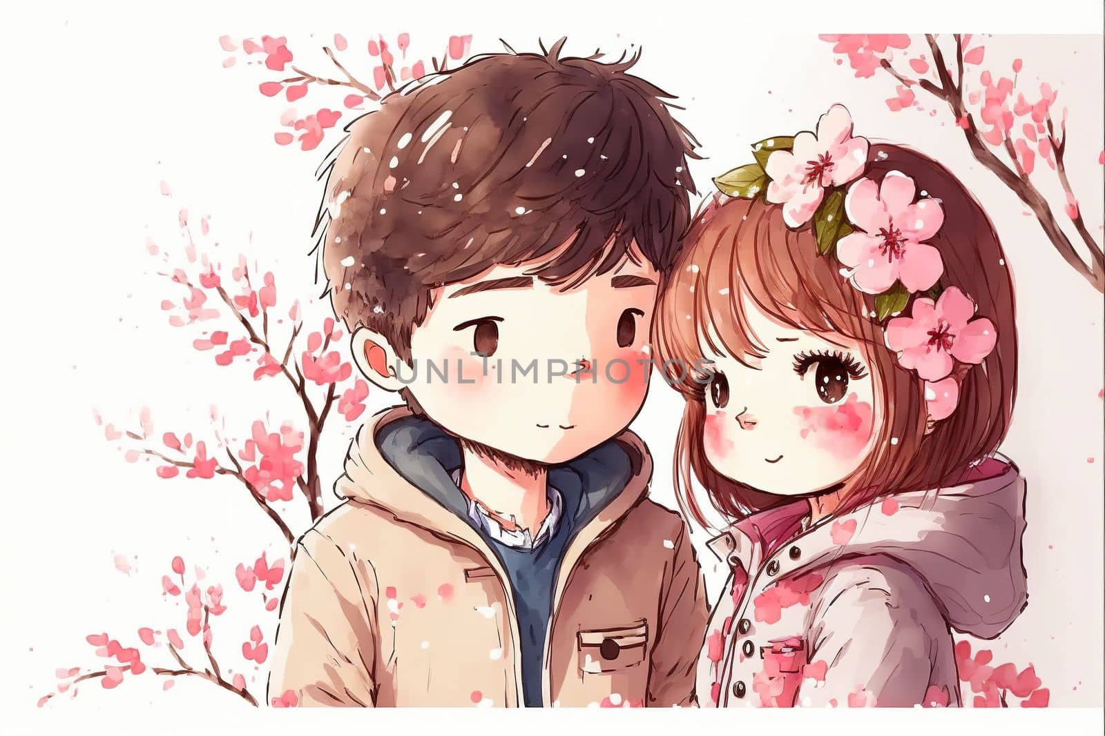 Cute boy and girl in love on romantic Valentine's day hand drawn cartoon style by biancoblue