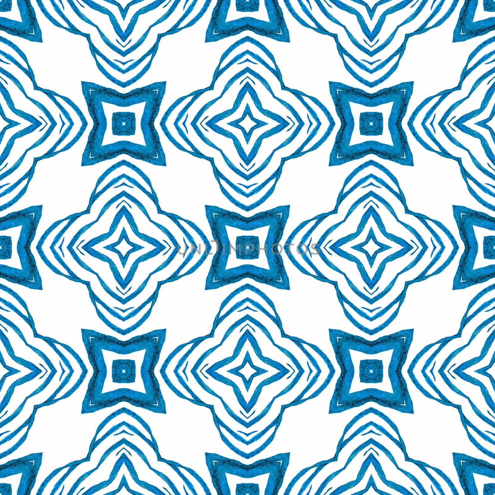 Textile ready vibrant print, swimwear fabric, wallpaper, wrapping. Blue cool boho chic summer design. Watercolor medallion seamless border. Medallion seamless pattern.