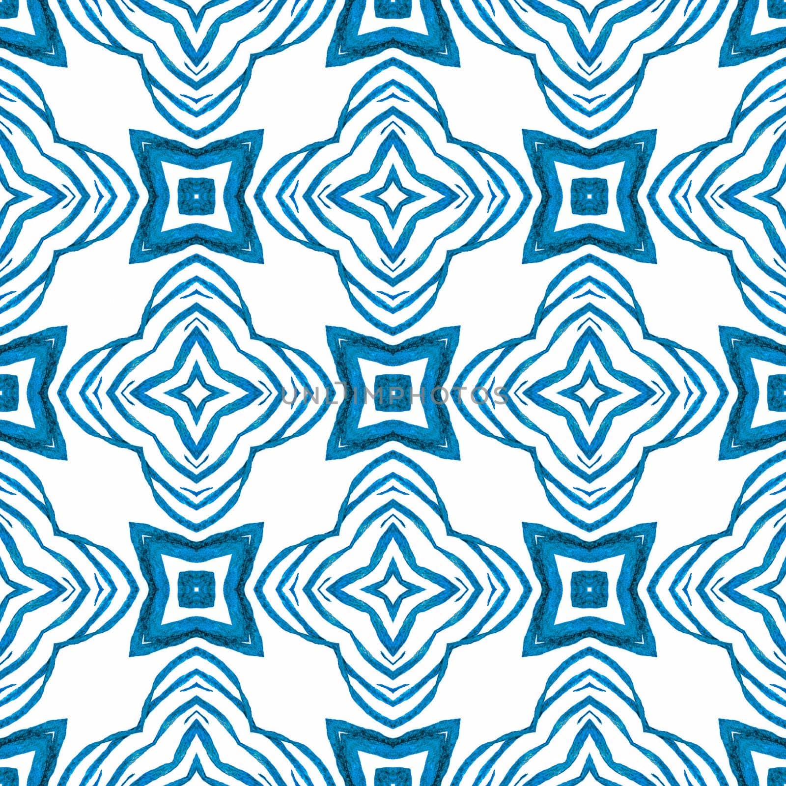 Textile ready vibrant print, swimwear fabric, wallpaper, wrapping. Blue cool boho chic summer design. Watercolor medallion seamless border. Medallion seamless pattern.