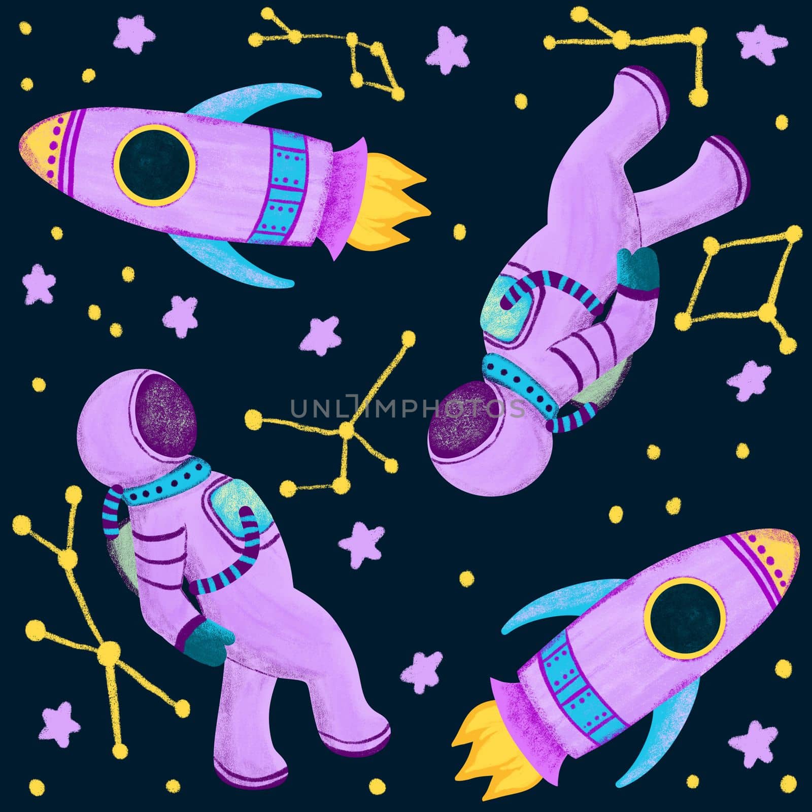 Hand drawn seamless pattern of outer space galaxy astronaut in purple blue colors. Stars planet asteroid comet saturn moon fabric print for boys nursery decoration spaceship alien ship art. by Lagmar