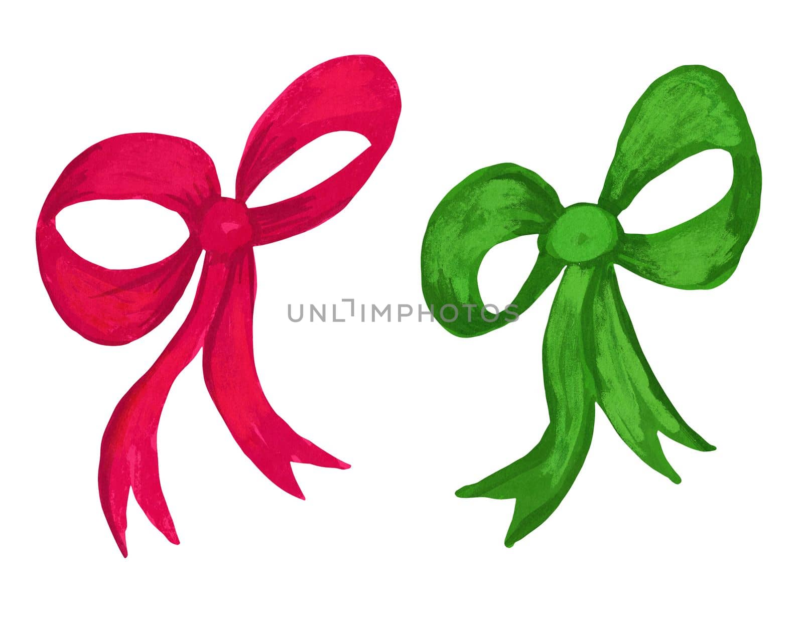 Watercolor hand drawn illustration of red green christmas ribbon bows. Cute bright minimalist decor for winter holiday greeting cards invitations, retro vintage ornament, simple minimalist style.
