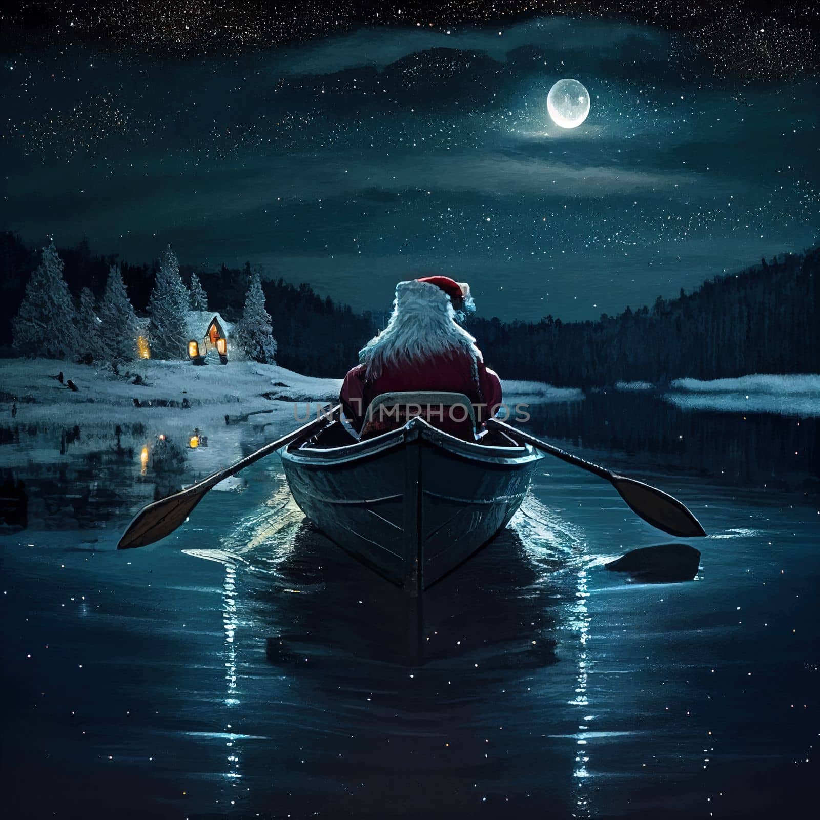 Santa rowing boat bringing gifts. Santa Claus rowing boat on Christmas eve at night. download image
