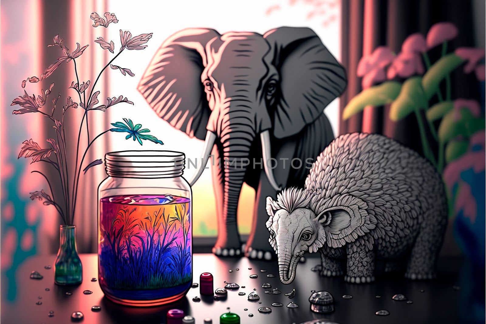 Wildlife in the modern world. Africa in the city. Spilled paints on a gray background. High quality illustration