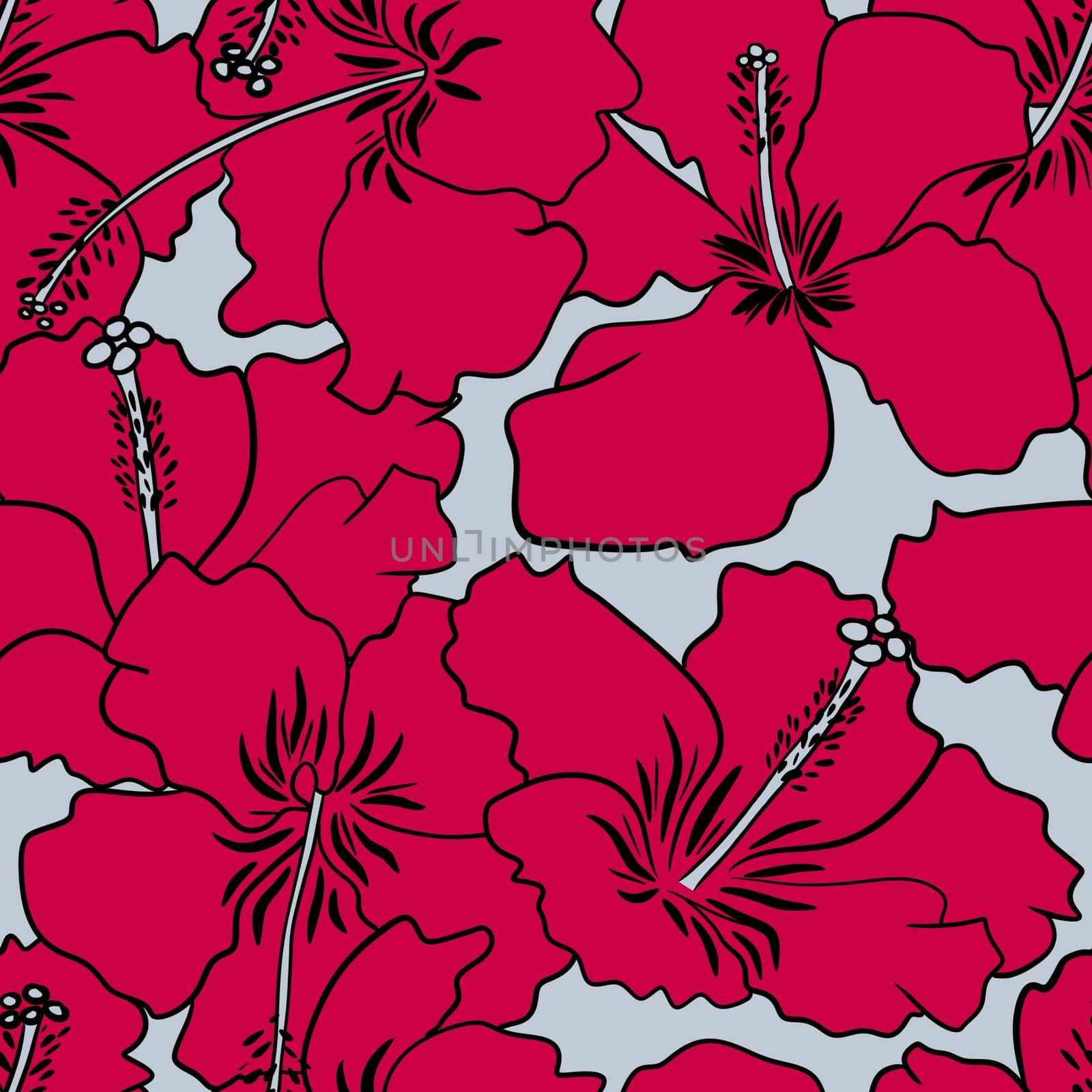 Hand drawn seamless pattern of red hibiscus flowers, viva magenta colors 2023 trend. Floral tropical hawaii print on grey background, garden jungle summer design, island bloom blossom art. by Lagmar