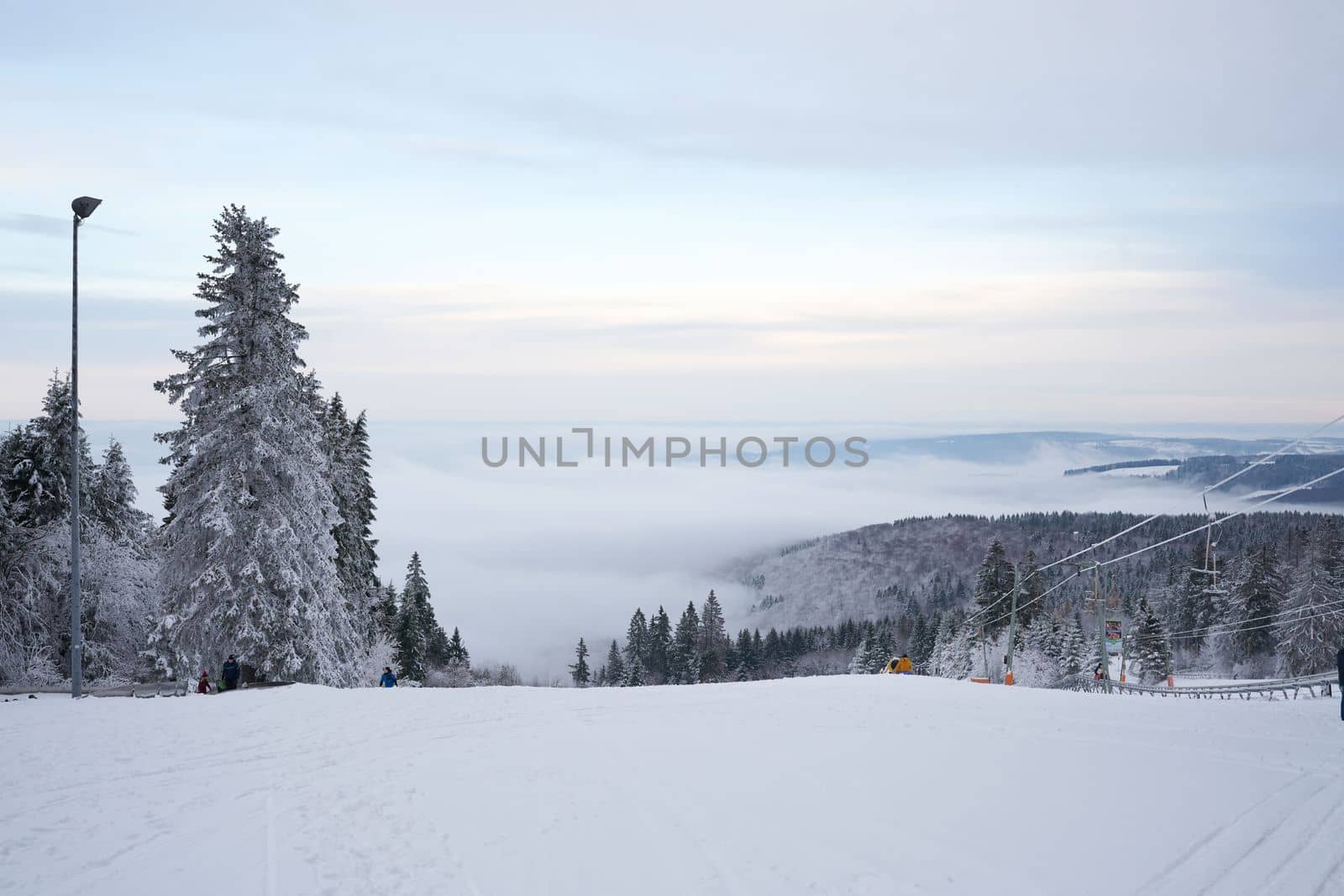 magnificent winter landscape on Wasserkuppe mountain in Ren, Hesse, Germany. magical tall and large pines and snowy firs covered with snow and ice. The horizon creates an illusion and merges with the cloudy sky and fog, which covers all the space visible in the distance. by Costin