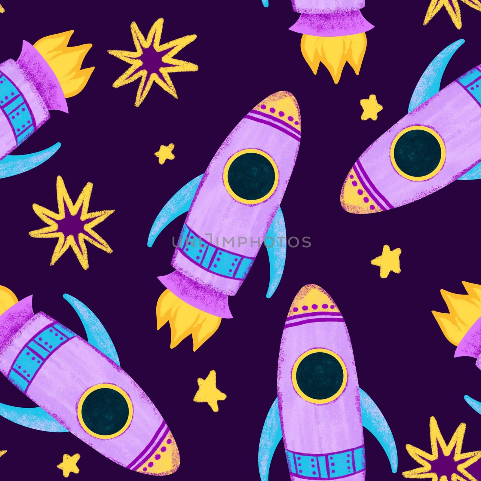 Hand drawn seamless pattern of outer space galaxy astronaut in purple blue colors. Stars planet asteroid comet saturn moon fabric print for boys nursery decoration spaceship alien ship art