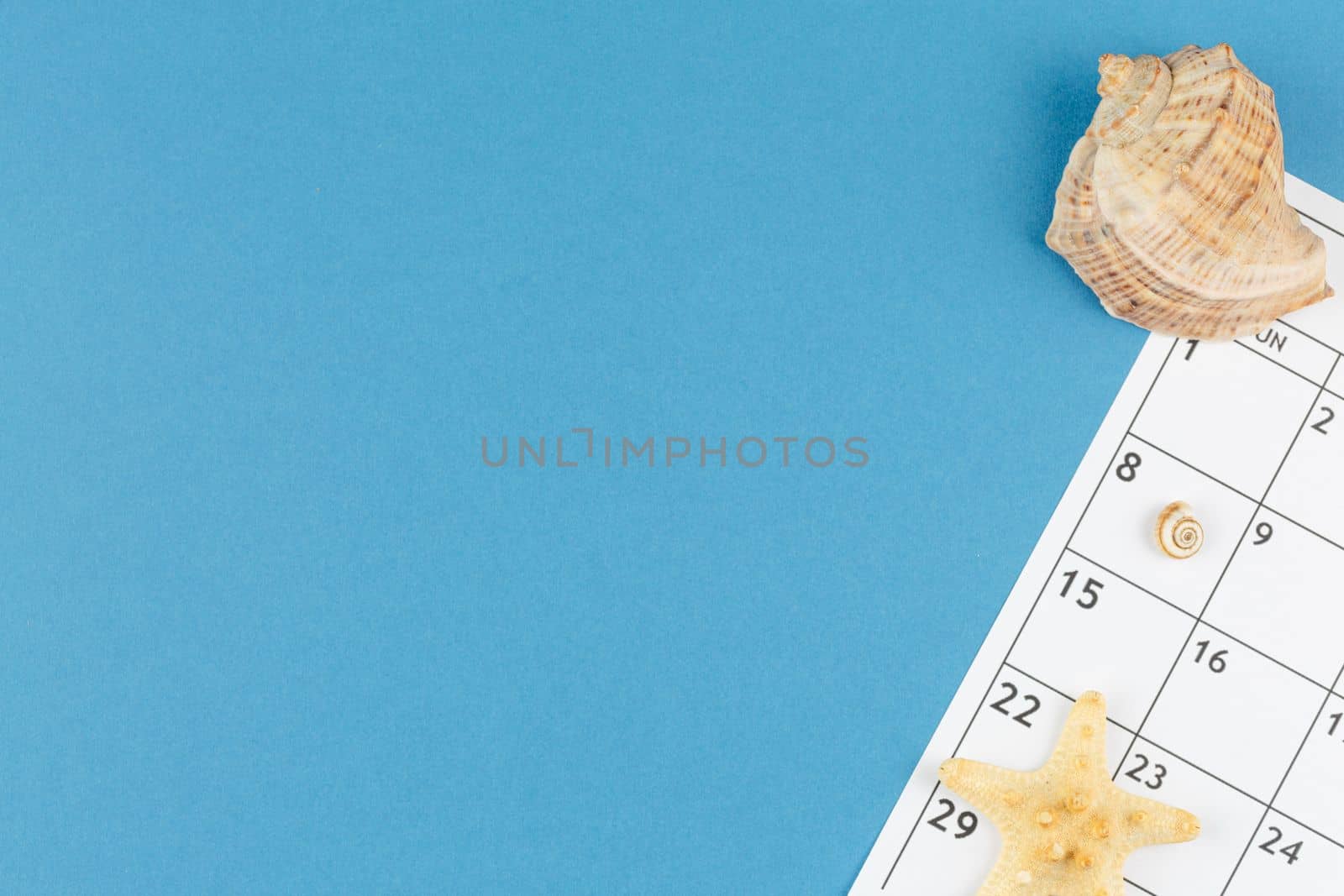 Summer vacation at the sea concept. Top view. Calendar sheet with seashell and starfish on blue background close up.